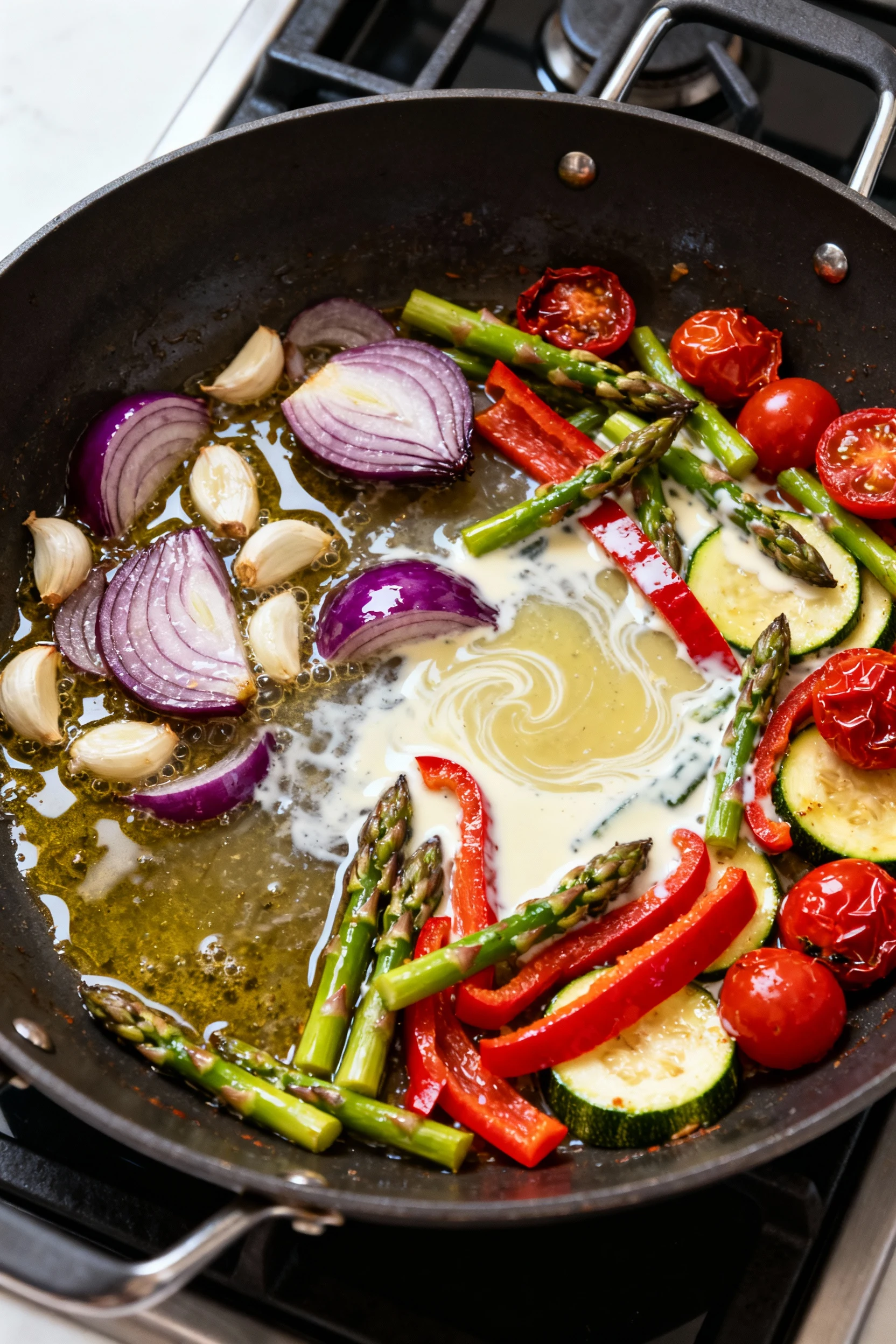 Food photography, Cooking process — large skillet with glossy red onion and garlic sweating in olive oil, asparagus piec