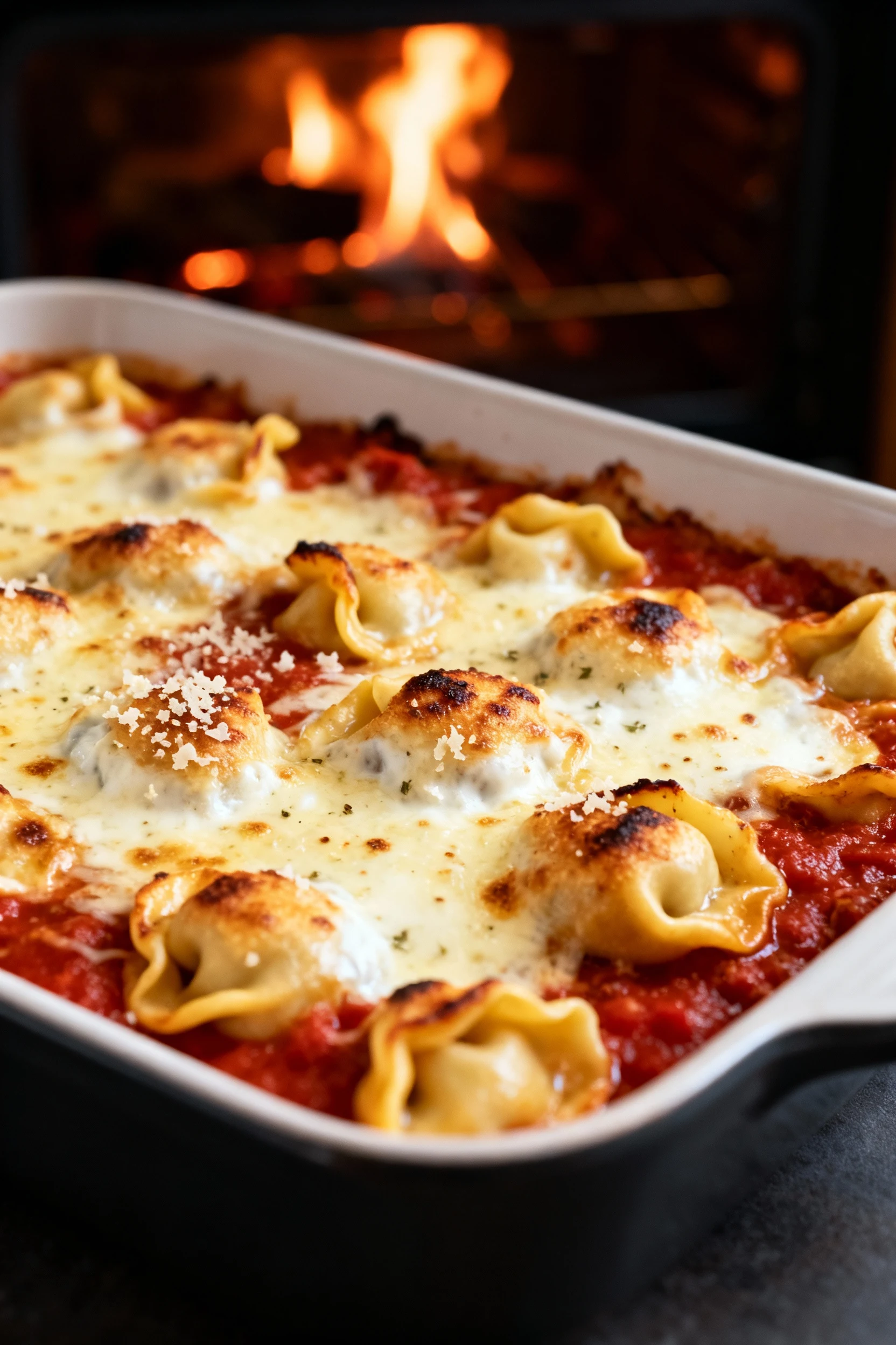Food photography, Cheesy tortellini bake finishing under the broiler: close-up of bubbling marinara-ricotta sauce and bl