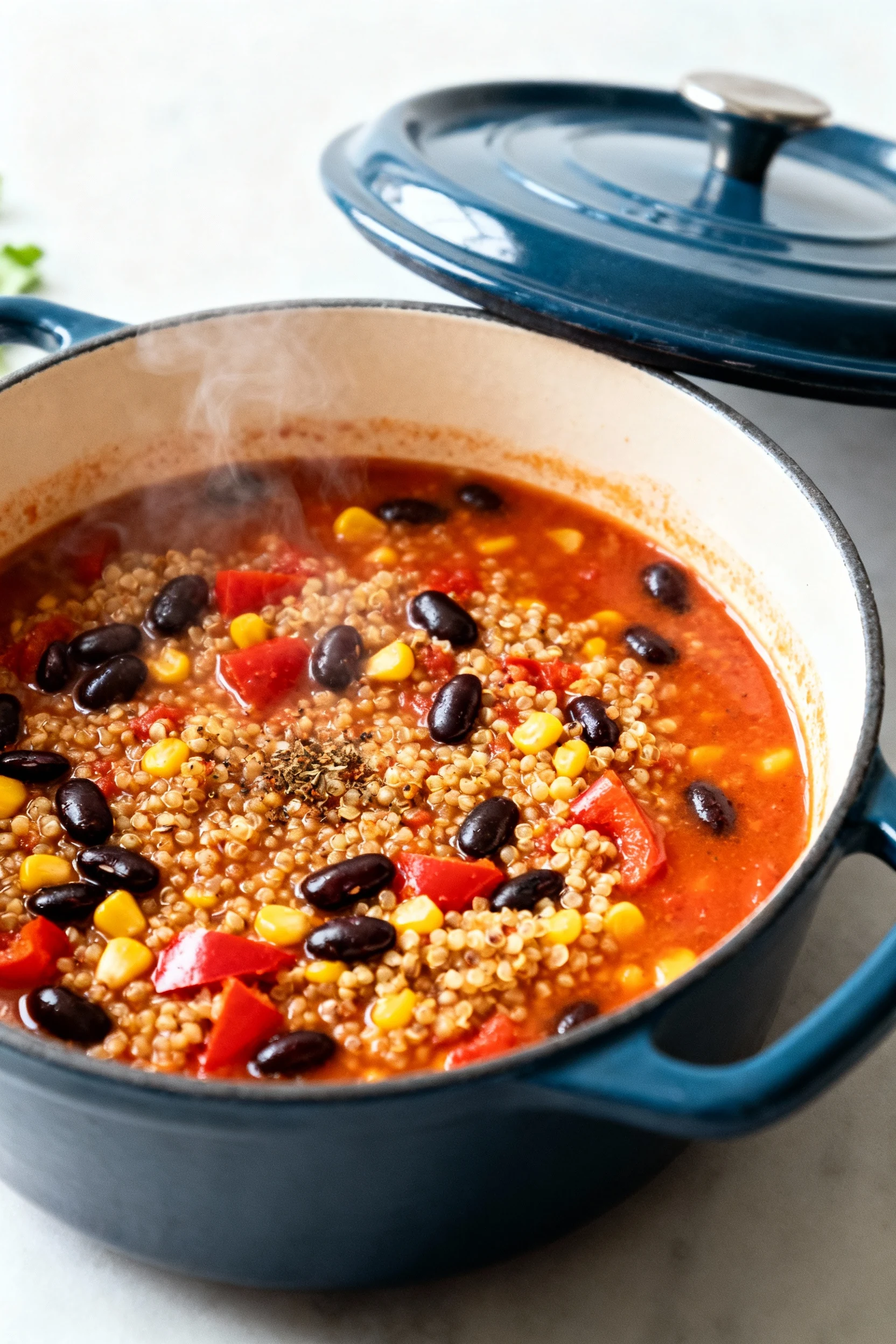 Food photography, Overhead shot of One-Pot Mexican Quinoa simmering in an enameled Dutch oven: quinoa swelling in tomato
