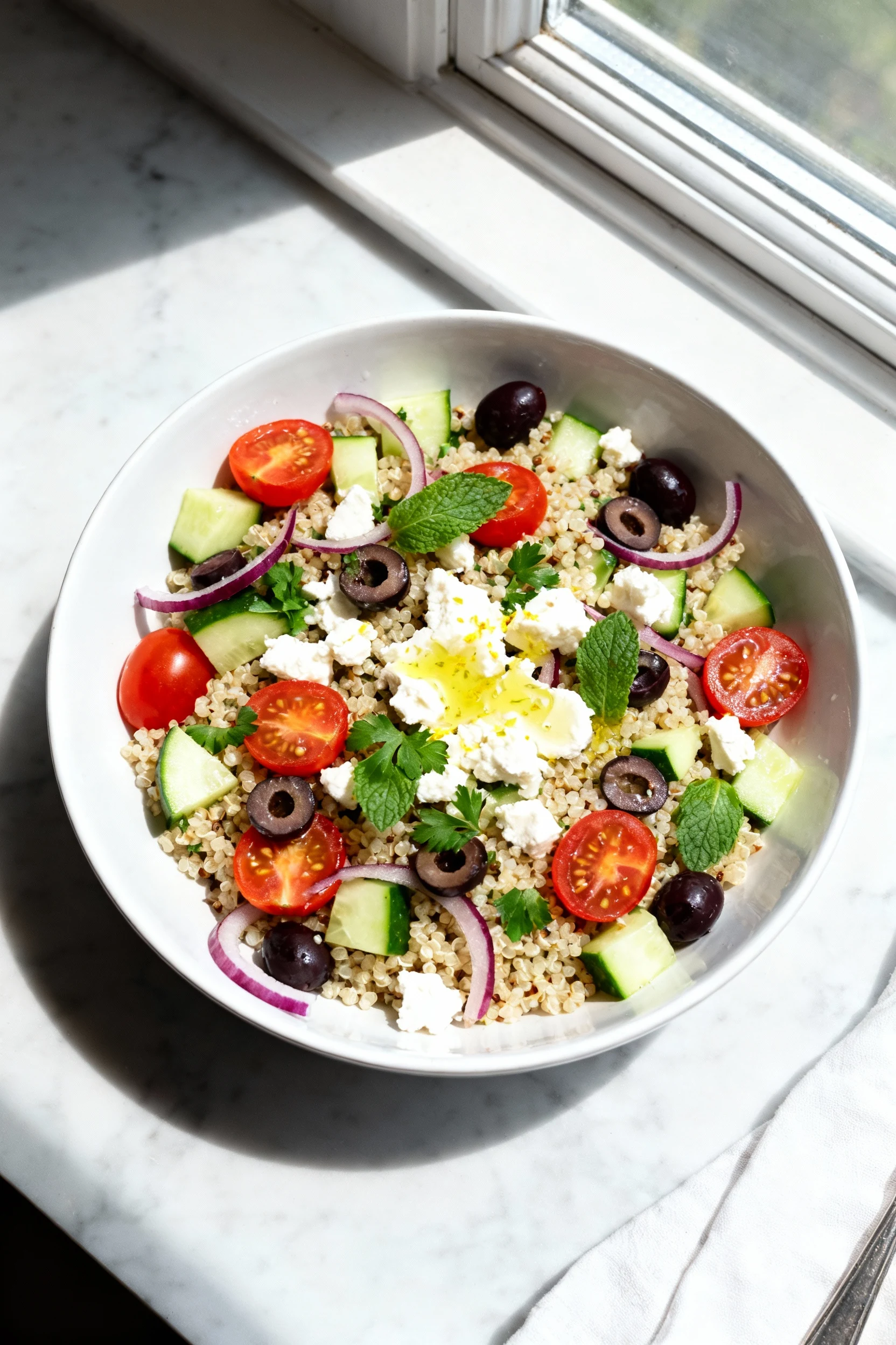 Food photography, Overhead shot of 15-Minute Greek Quinoa Salad in a wide white bowl: fluffy quinoa, cherry tomato halve