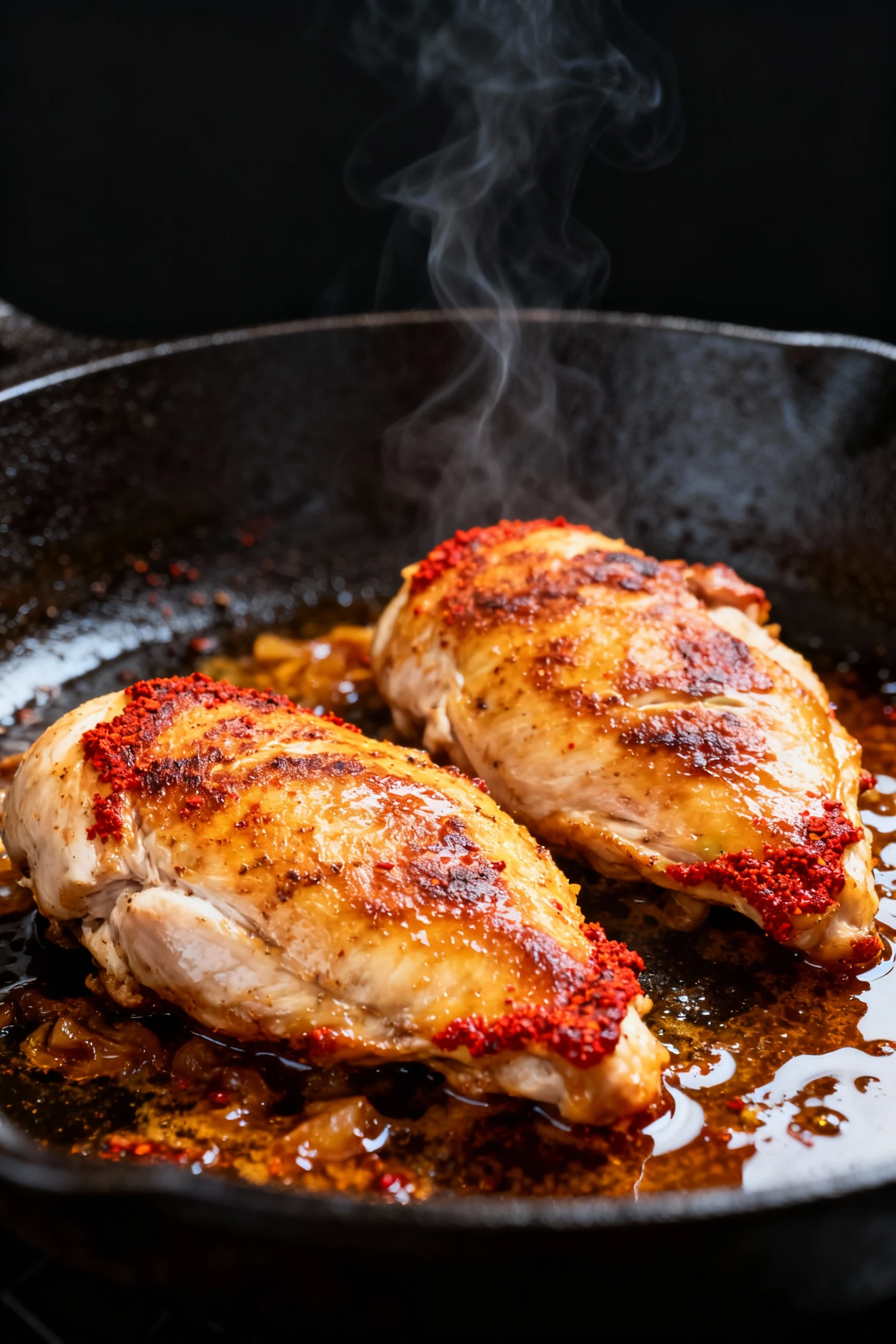 Food photography, Close-up of chili-lime chicken searing in a cast-iron skillet, golden-browned crust with paprika-red e
