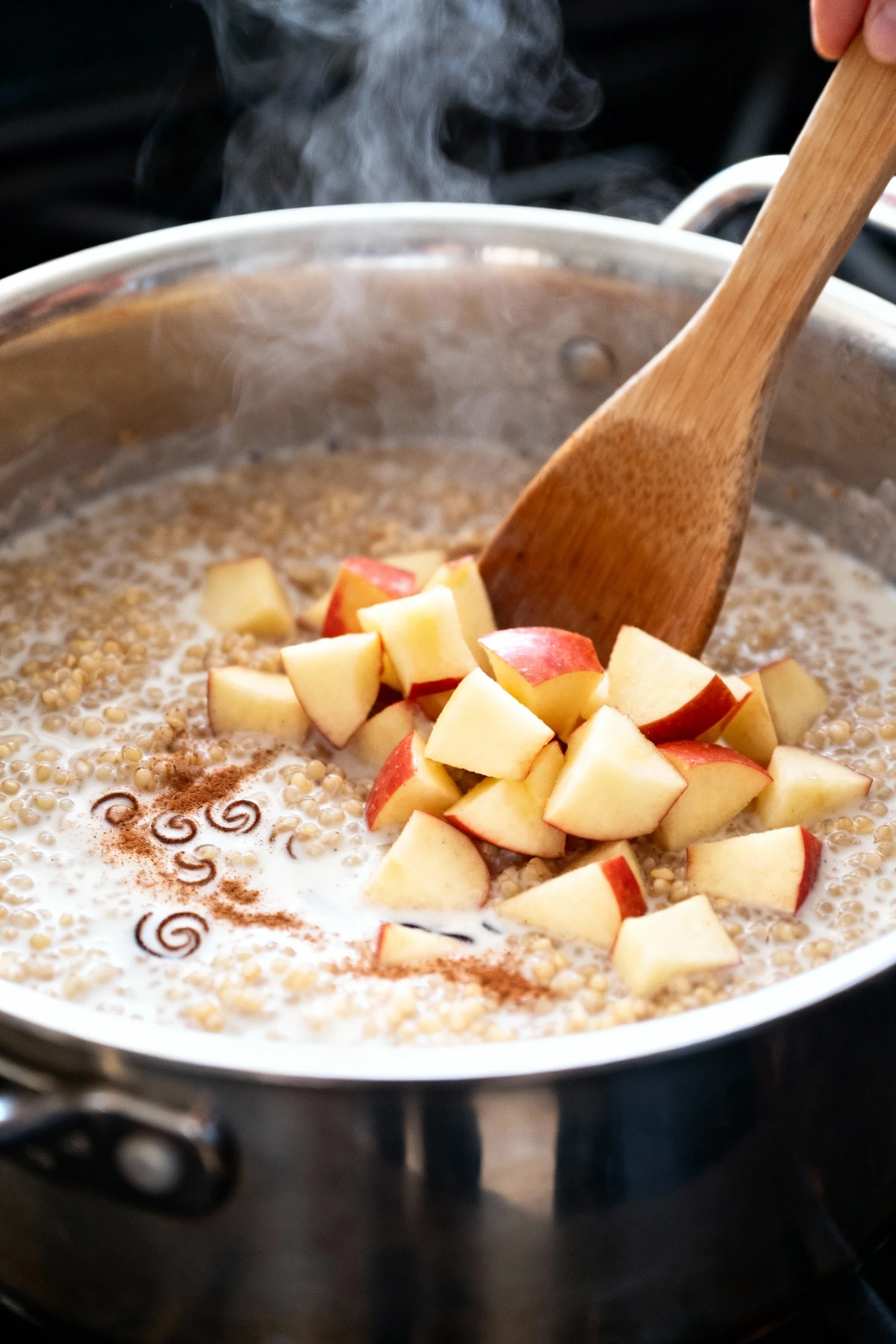 Food photography, 1. Close-up of quinoa simmering in almond milk with cinnamon and vanilla; tiny curls visible, steam ri