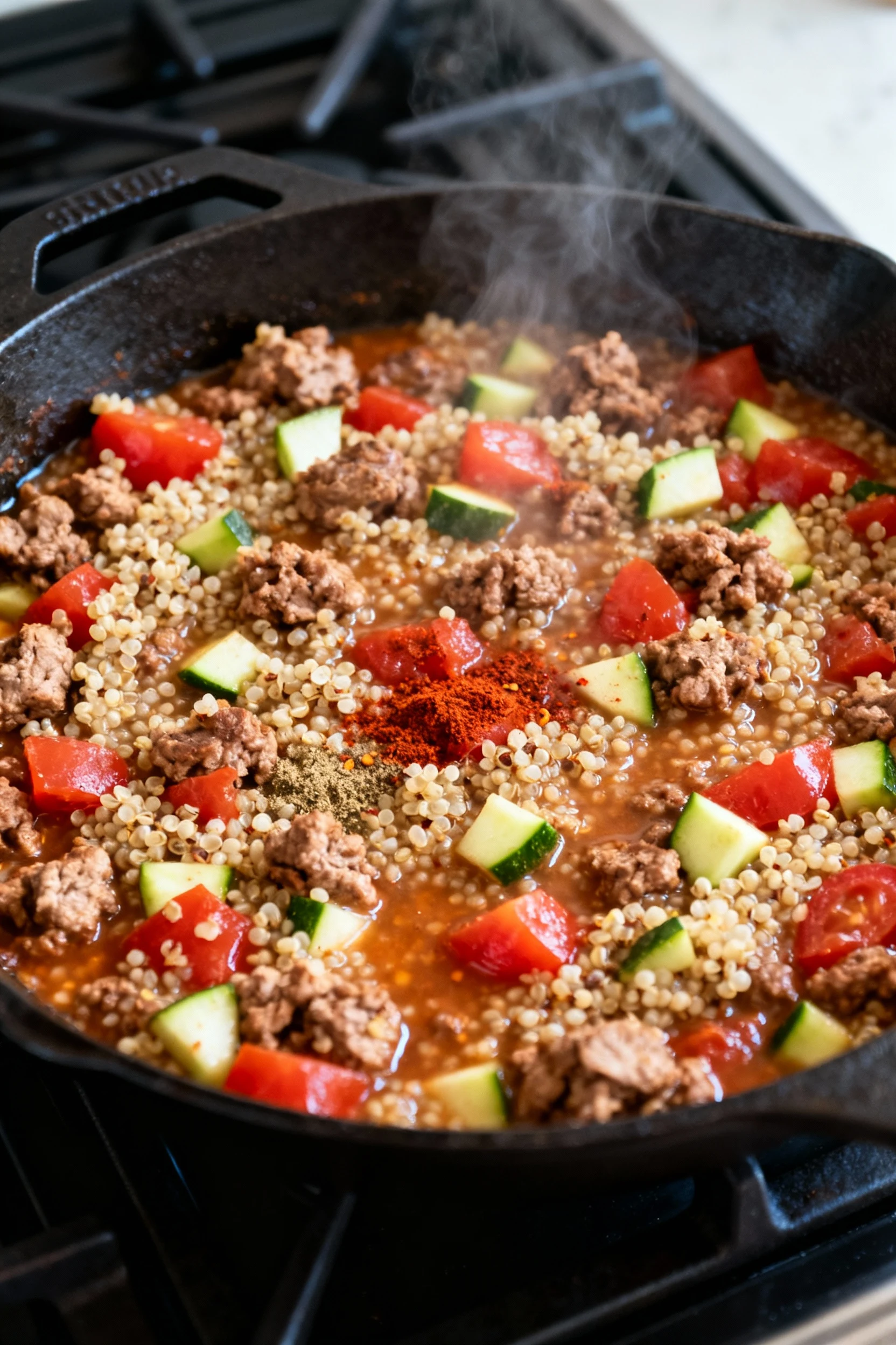 Food photography, Cooking process: Overhead shot of thick turkey–quinoa filling simmering in a cast-iron skillet—browned