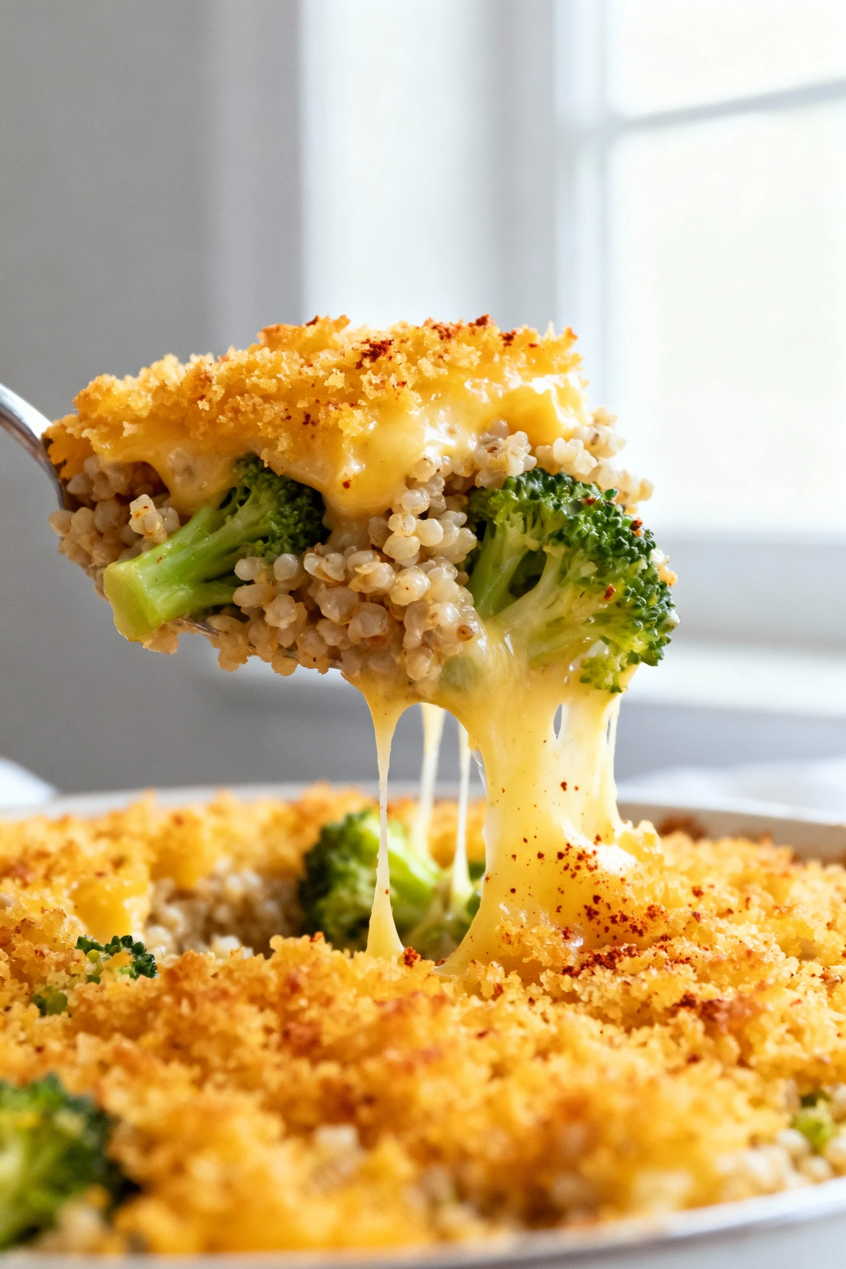 Food photography, Close-up macro of bubbling golden panko-cheddar crust on broccoli cheddar quinoa casserole; gooey chee