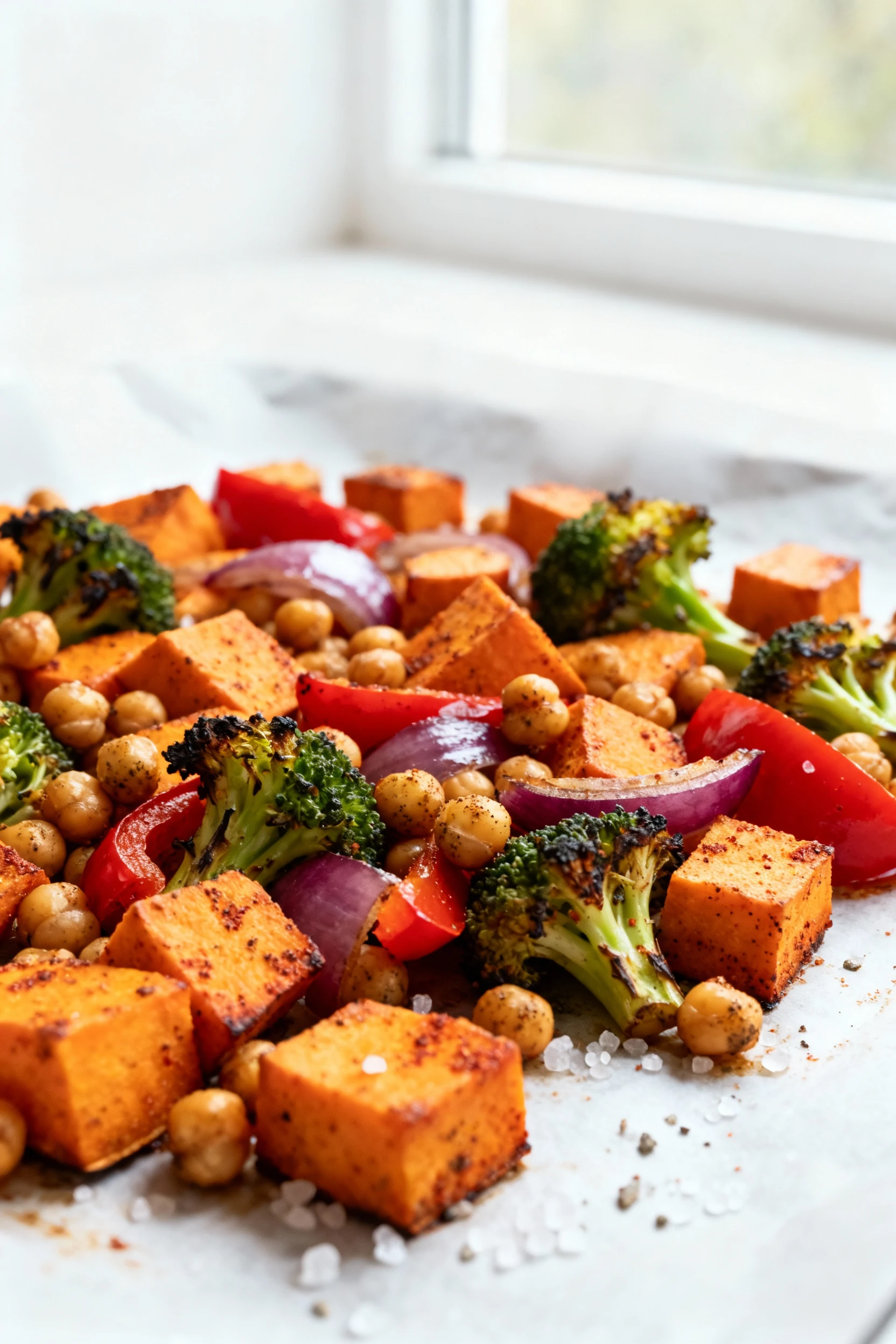 Food photography, 1. Close-up of caramelized sheet-pan roasted sweet potato cubes, charred broccoli florets, red bell pe
