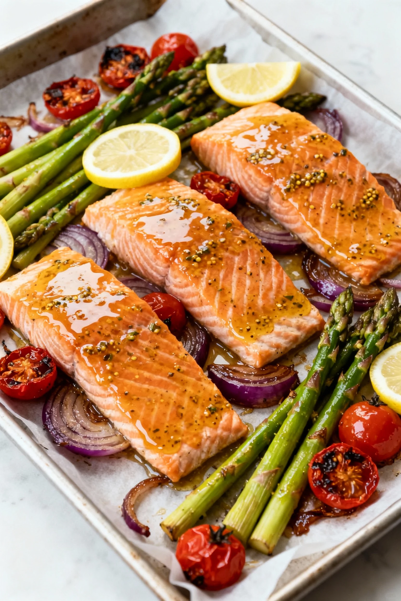 Food photography, Sheet pan process shot: salmon fillets just brushed with glossy lemon–garlic–Dijon–honey sauce, nestle