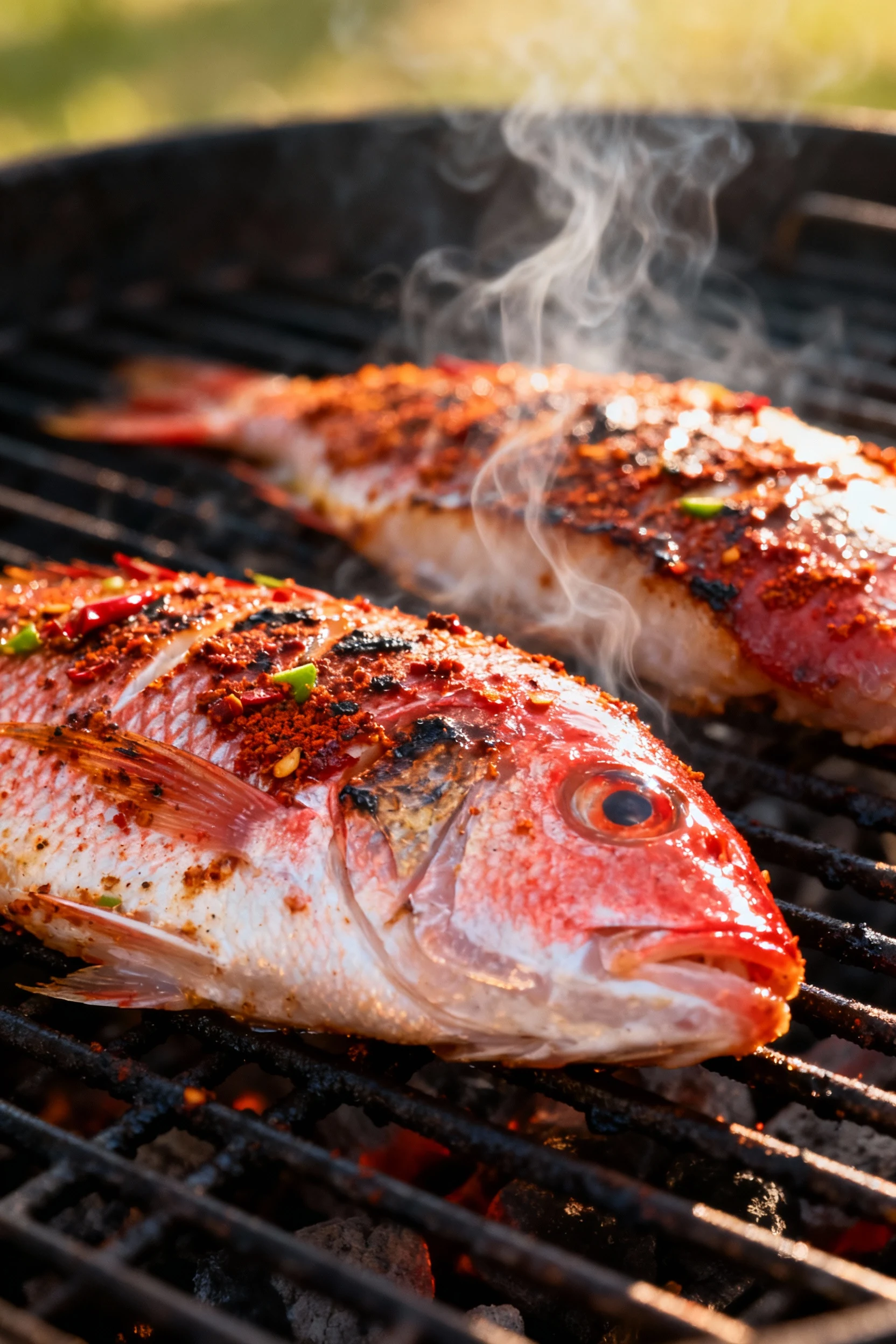 Food photography, Close-up of skin-on red snapper fillets sizzling on hot grill grates, chili-lime and smoked paprika cr