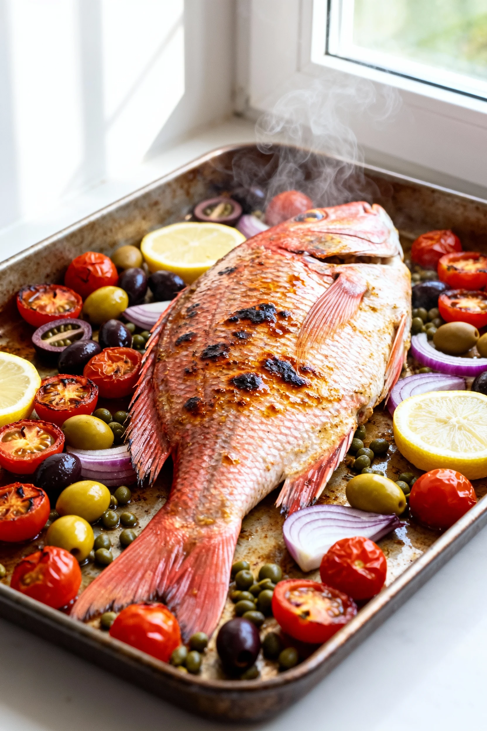 Food photography, Whole roasted red snapper just out of the oven on a preheated rimmed sheet pan, skin sizzling and ligh