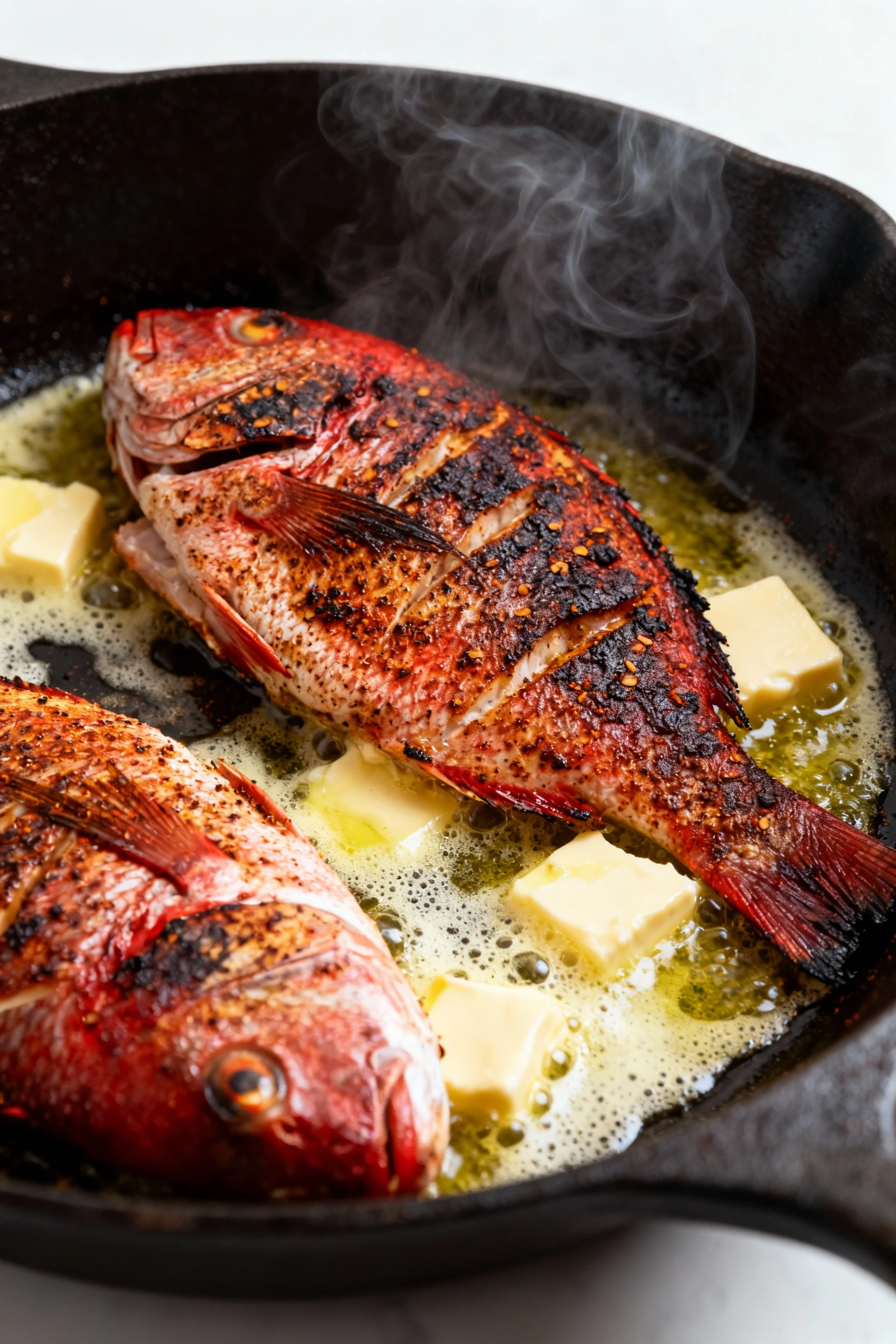 Food photography, Blackened red snapper fillets searing presentation-side down in a scorching-hot cast-iron skillet, but