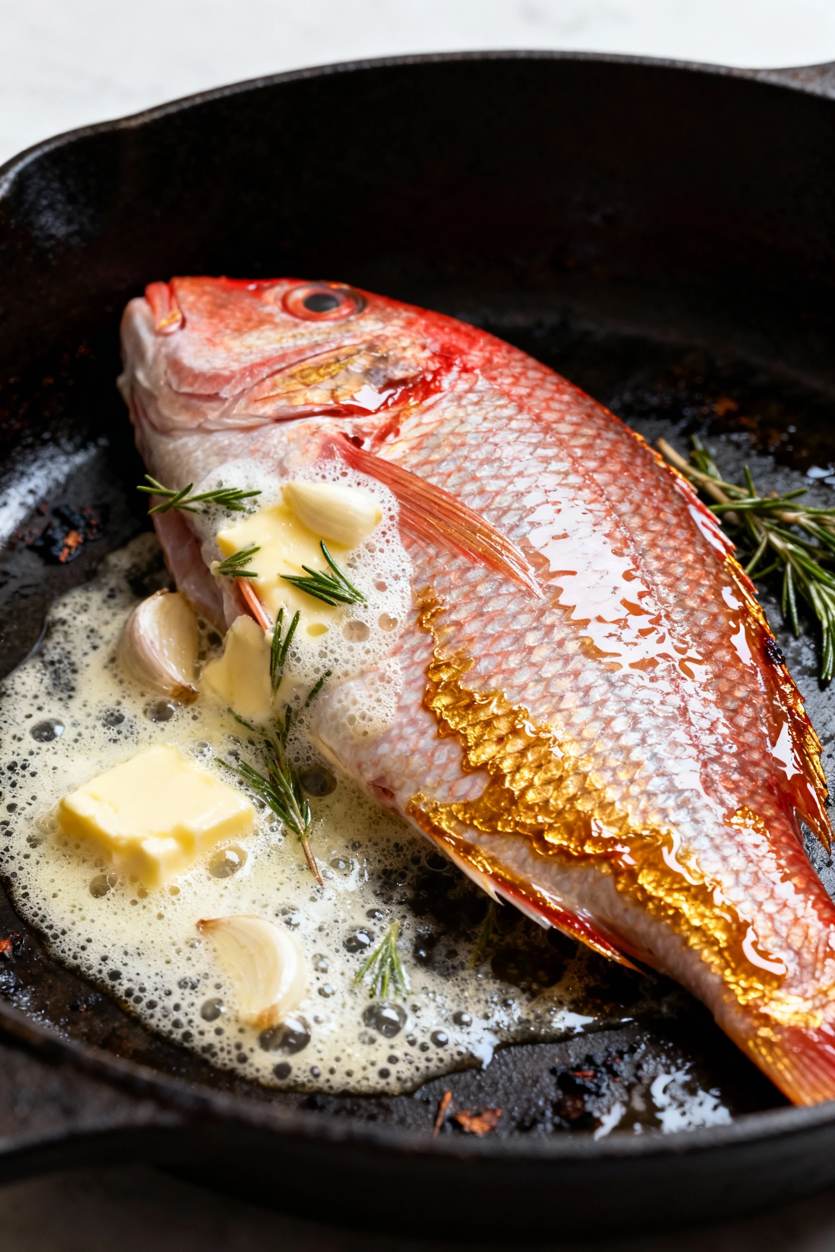 Food photography, Red snapper fillet skin-side down in a hot cast-iron skillet, skin edges deep golden and glassy; butte