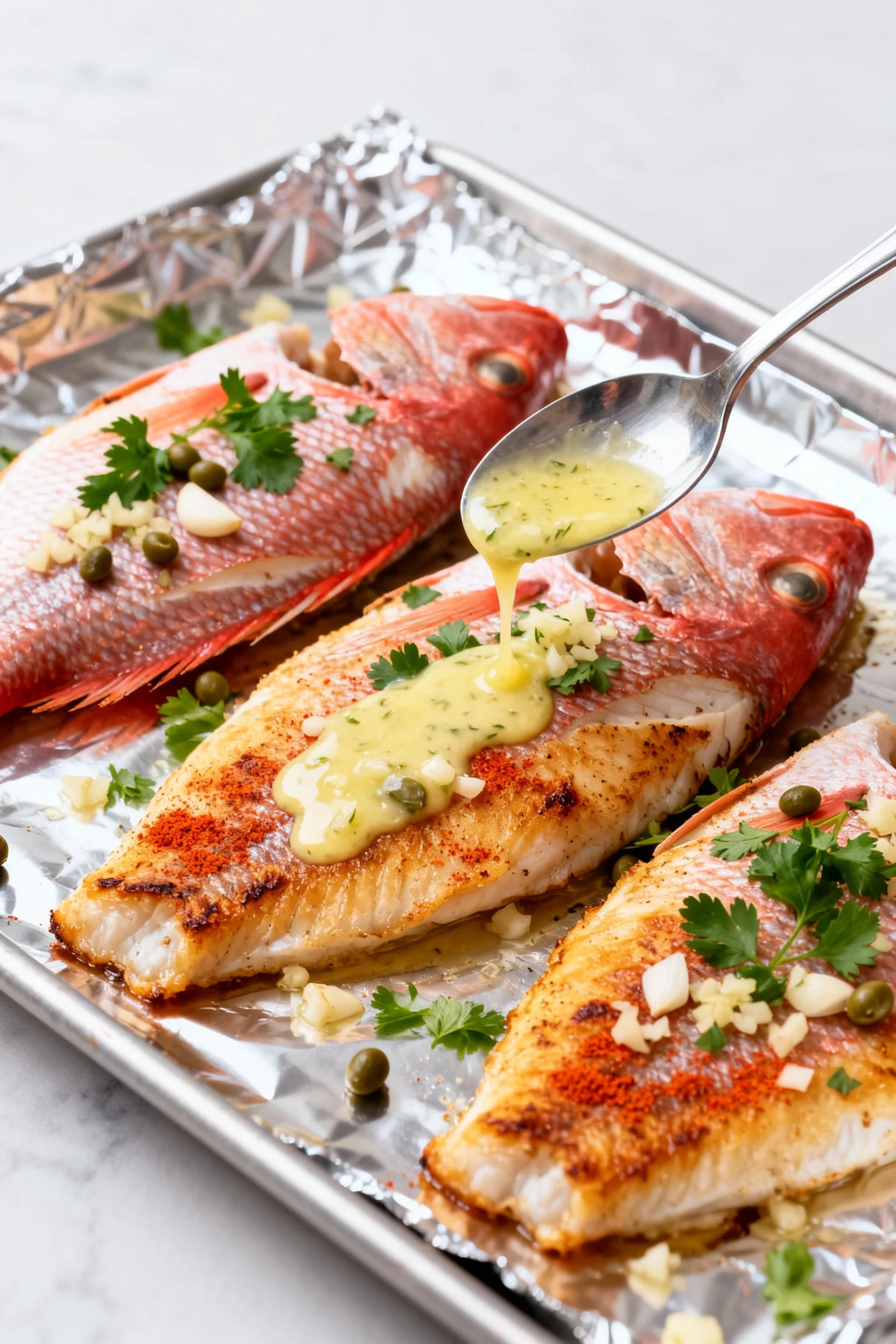 Food photography, Cooking process: Baked red snapper fillets on a foil-lined sheet pan just out of a 425°F oven, spoon d