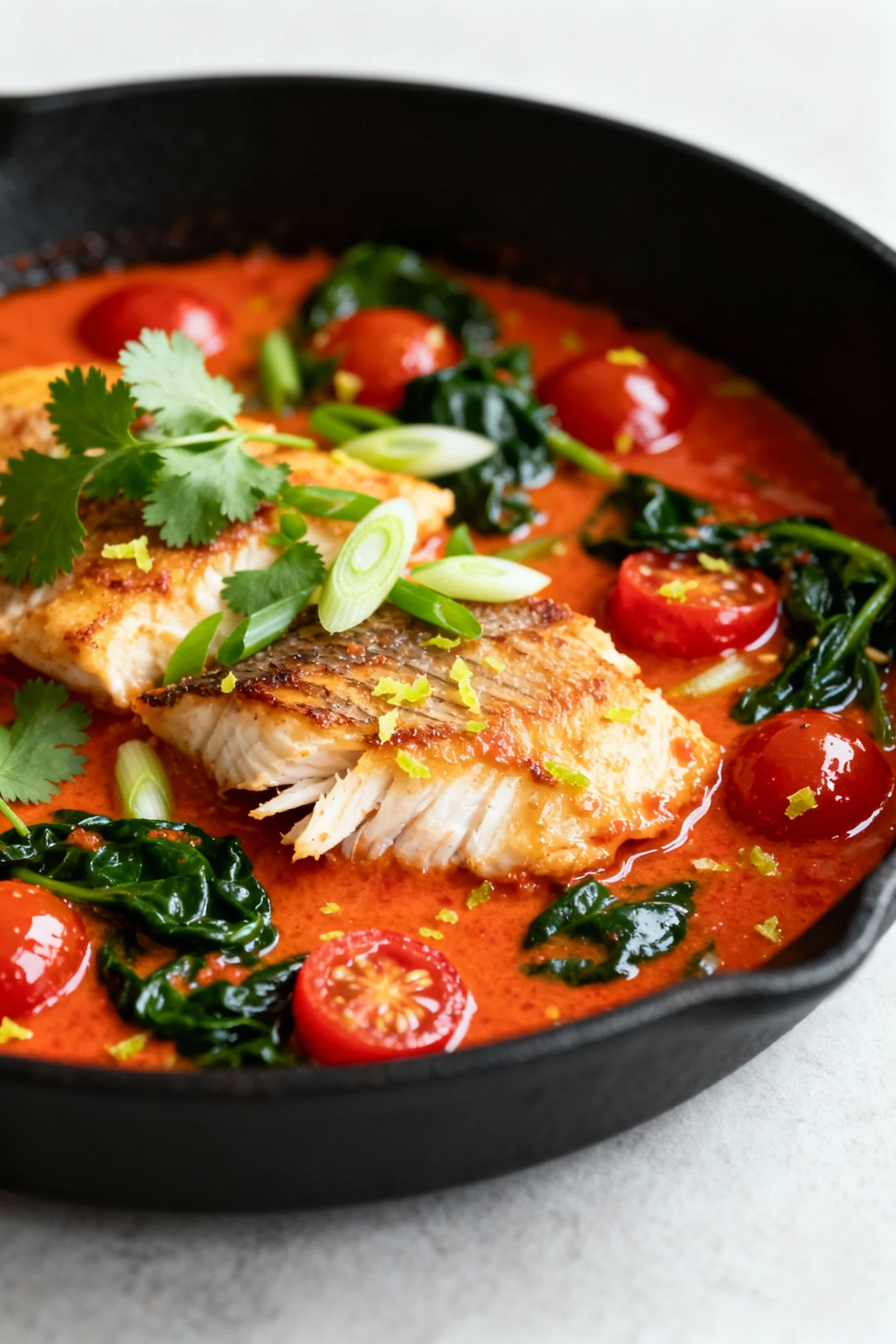Food photography, Close-up of Coconut Lime Red Snapper Curry in a matte black skillet: golden-seared snapper flaking in 