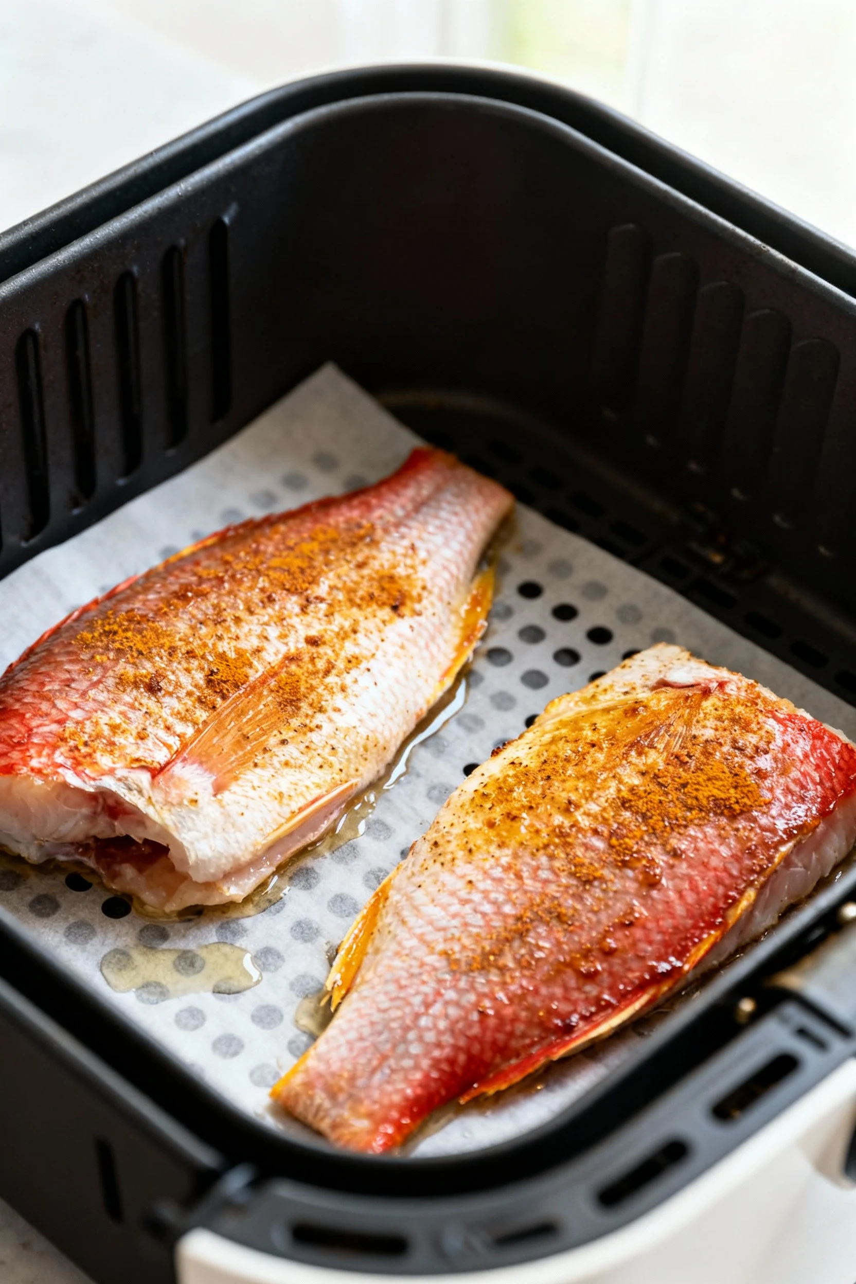 Food photography, Air fryer basket shot: skin-side-down red snapper fillets mid-cook at 400°F, Old Bay–speckled tops tur