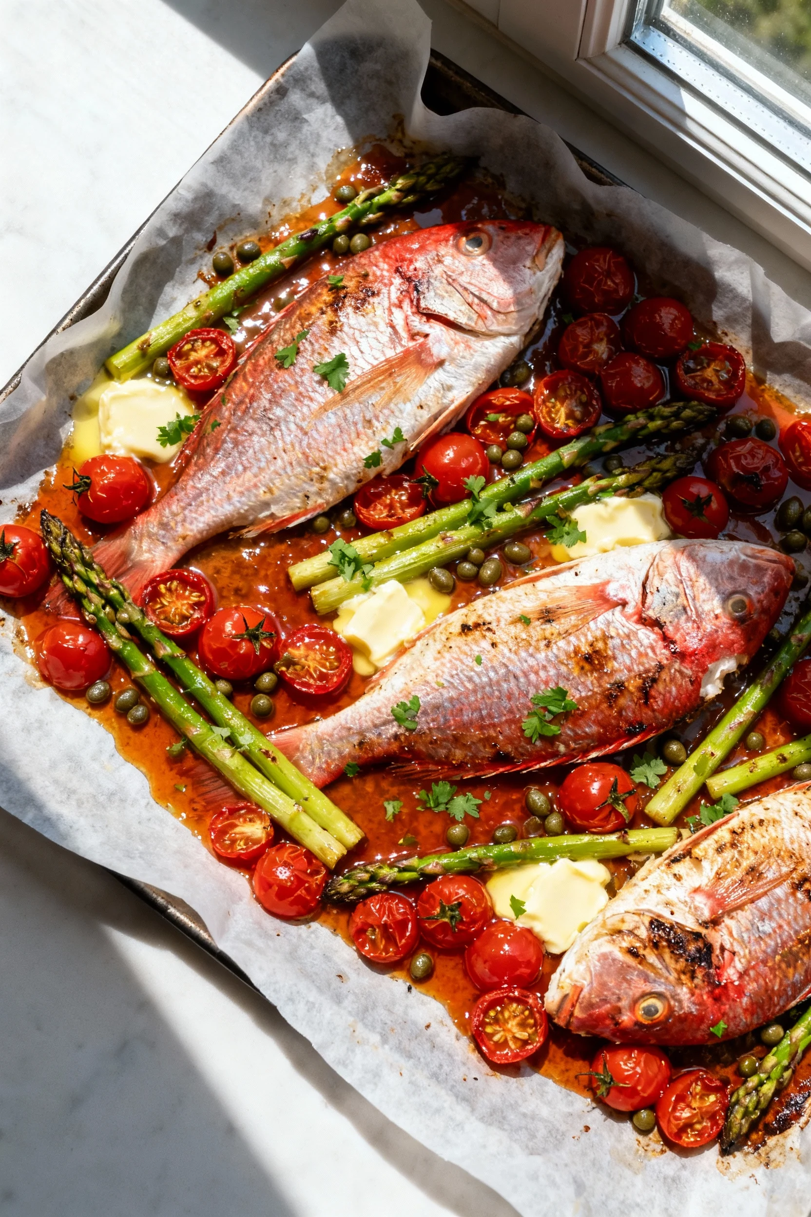 Food photography, Overhead of a just-roasted sheet pan: red snapper fillets (skin-side down) nestled among burst cherry 