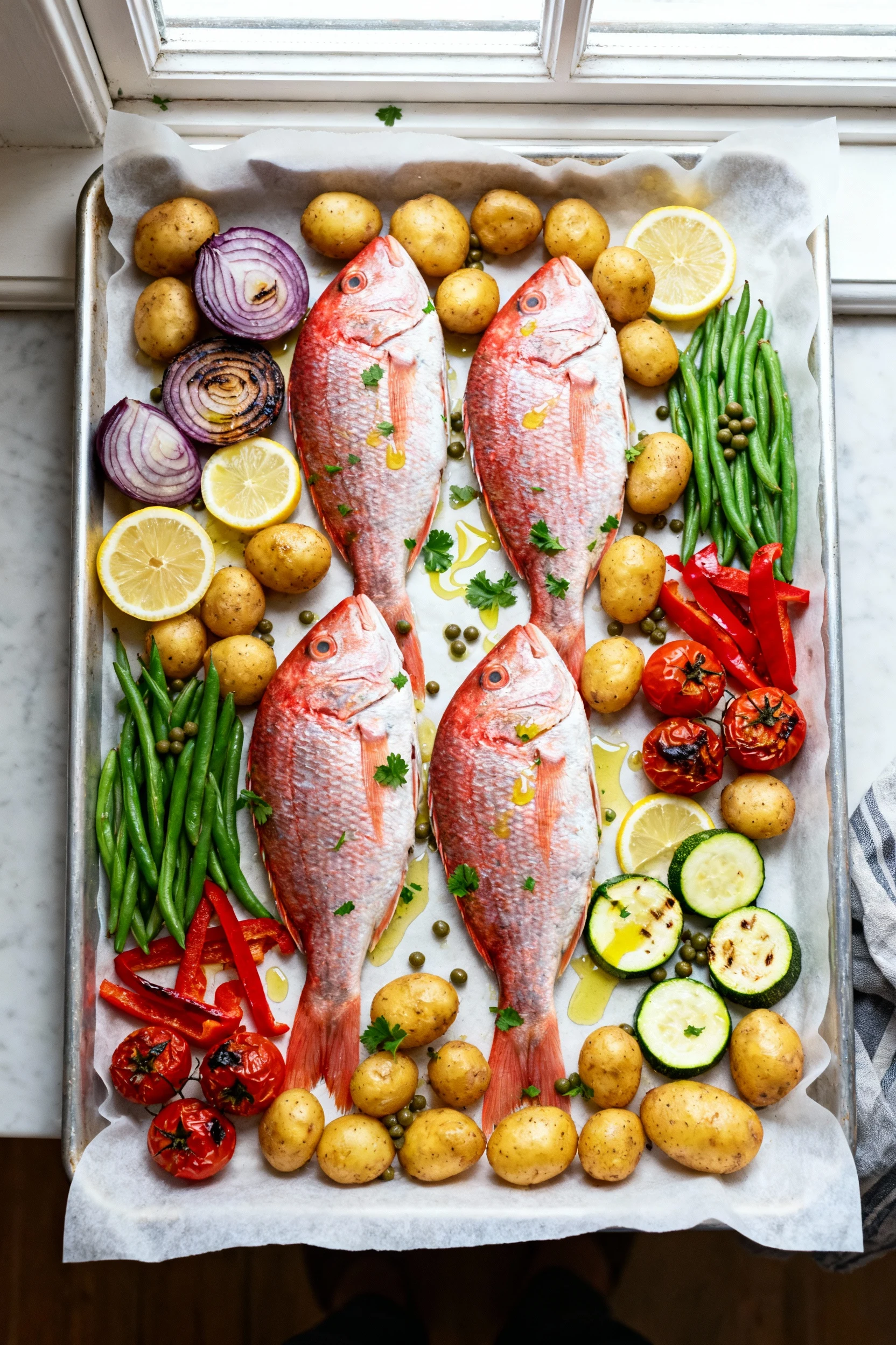 Food photography, Overhead shot of finished sheet pan red snapper and veggies: four skin-on fillets centered among golde