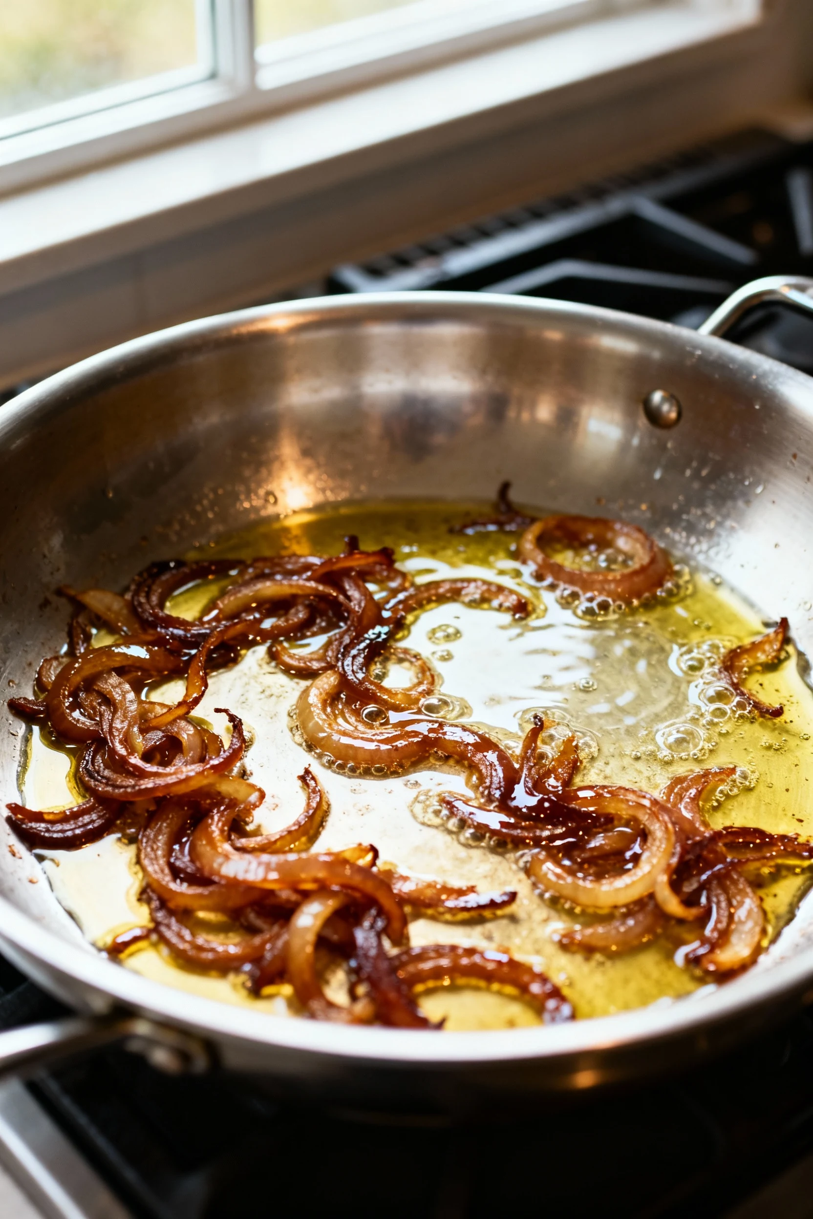 Food photography, Caramelized onions in a 12-inch stainless-steel skillet mid-deglaze: a 1–2 tbsp splash of water bubbli