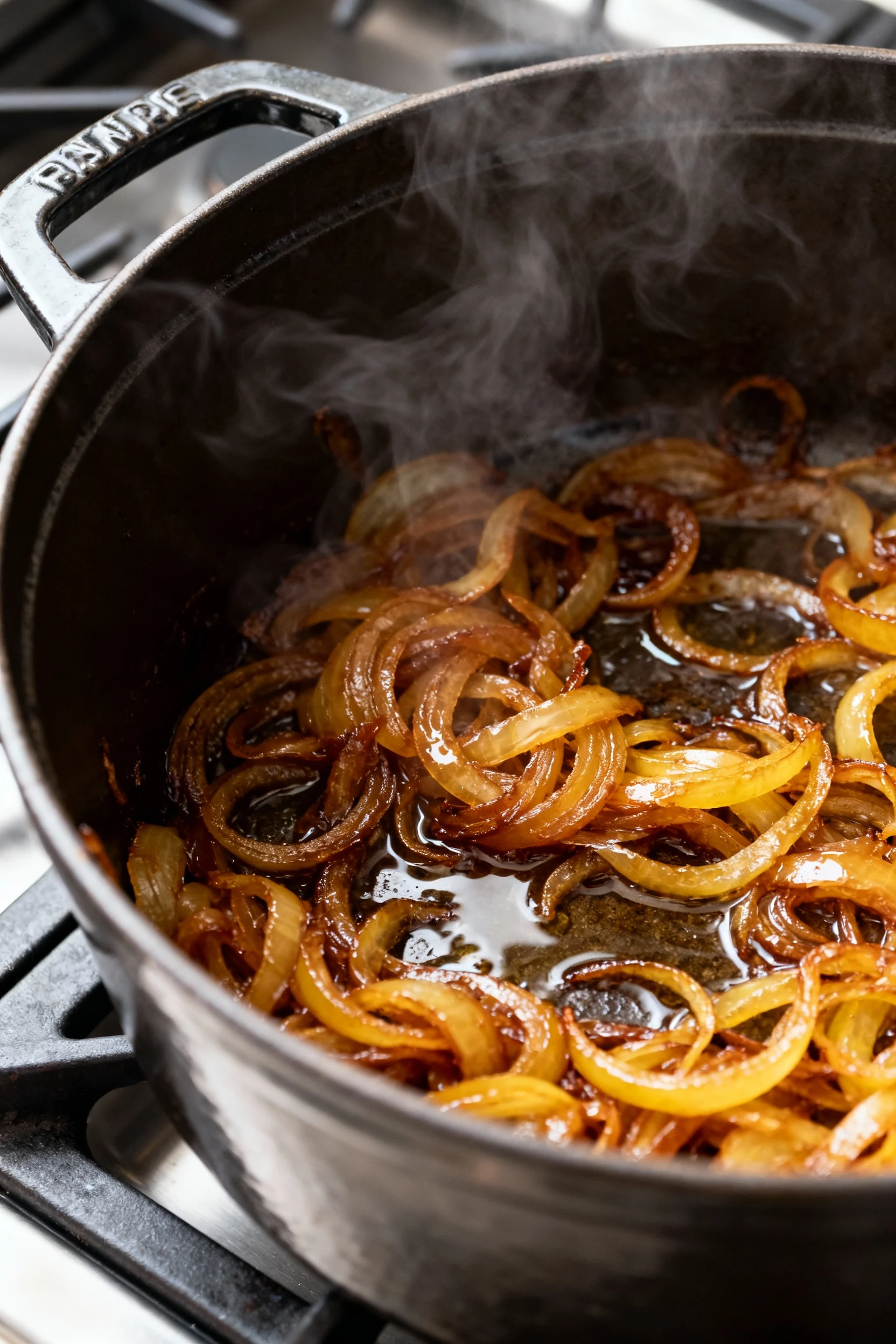 Food photography, Close-up of deeply caramelized yellow onions in a heavy Dutch oven as dry white wine deglazes the fond