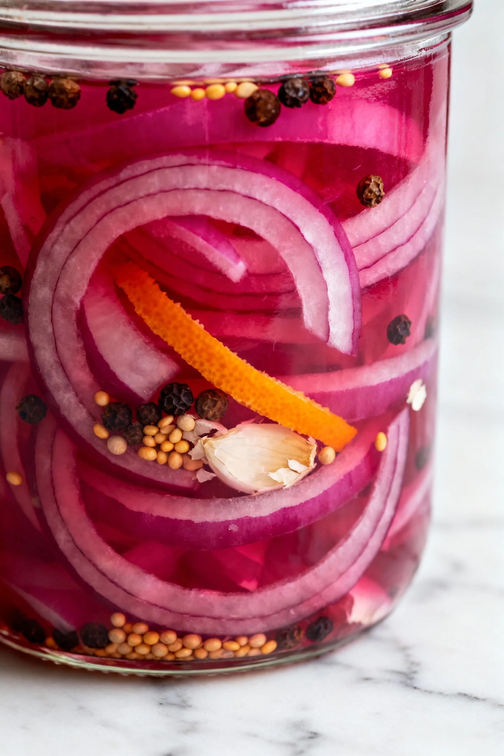 Food photography, Close-up of translucent pickled red onion ribbons submerged in vivid magenta brine inside a glass jar,