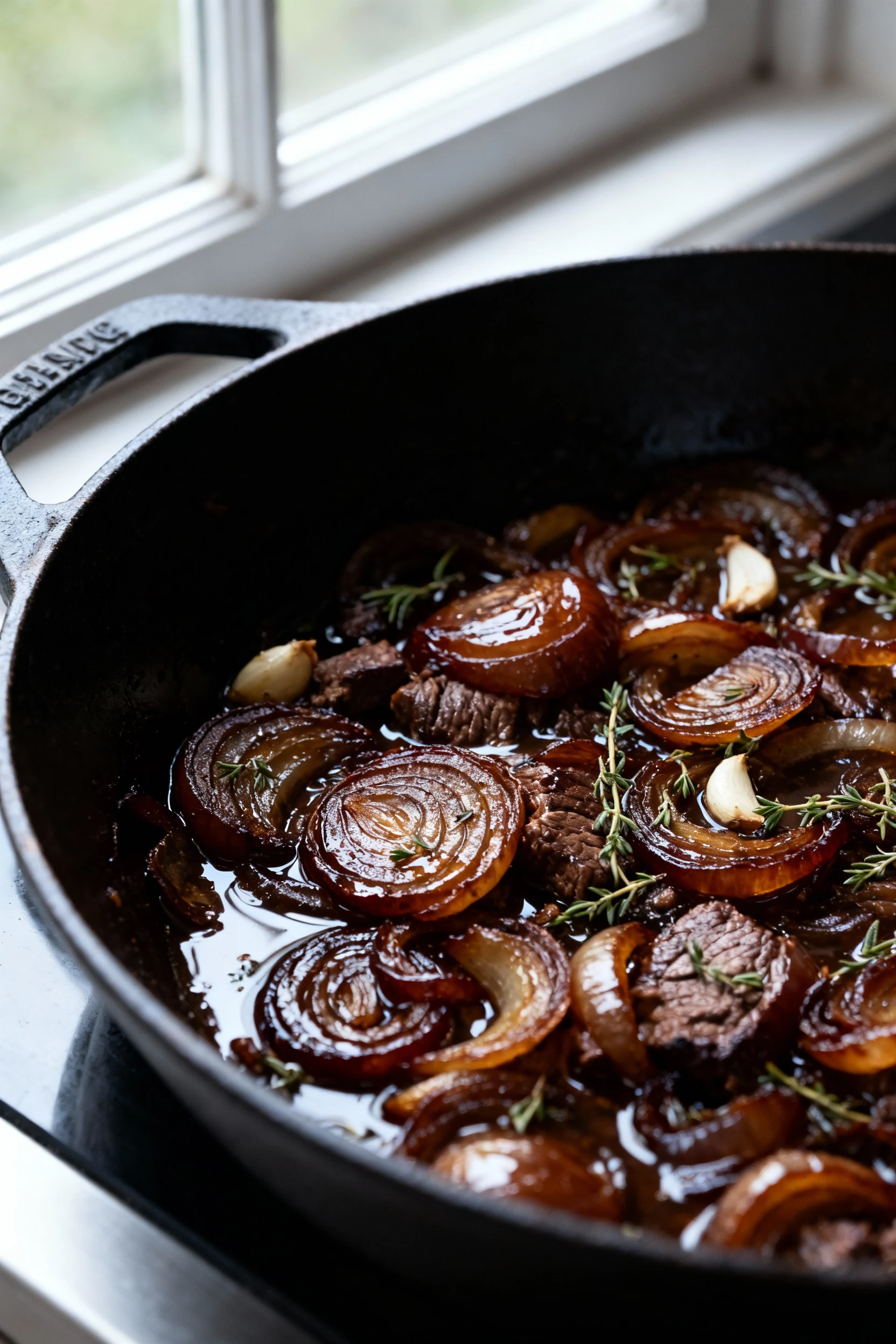 Food photography, Close-up of deeply caramelized onions in a 12-inch cast-iron skillet, jammy and bronzed with a glossy 