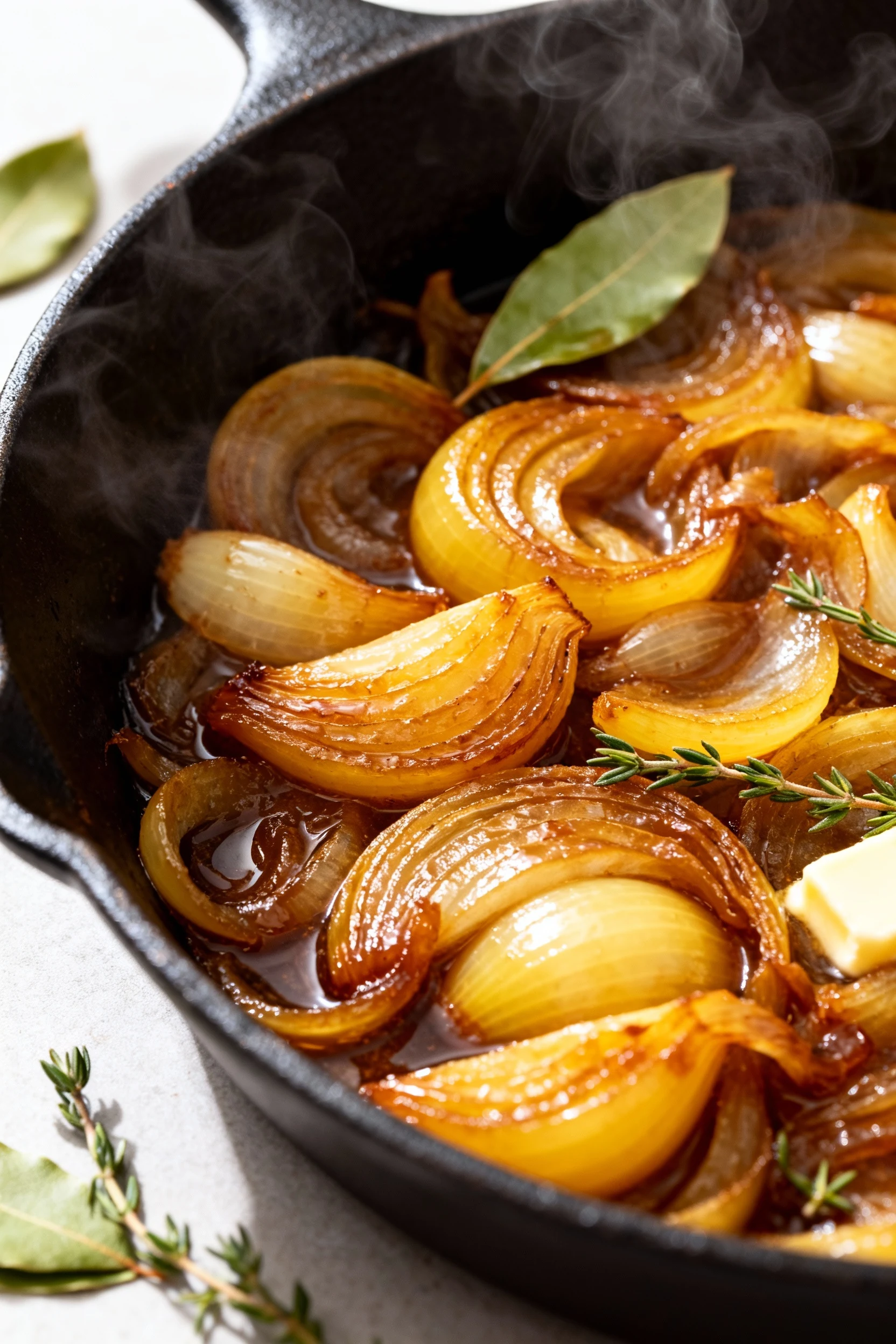 Food photography, Close-up of jammy caramelized yellow onions in a cast-iron skillet, deep golden-brown and glossy from 