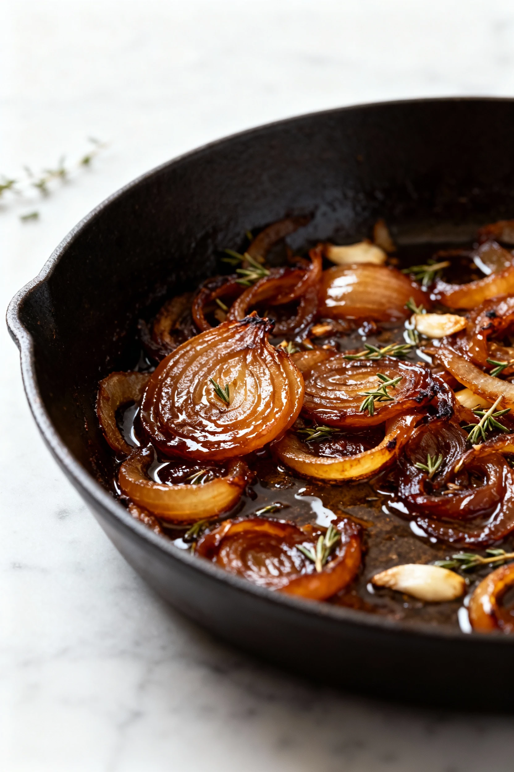 Food photography, Close-up of deep-amber caramelized onions in a skillet after a sherry deglaze, glossy jammy texture, t