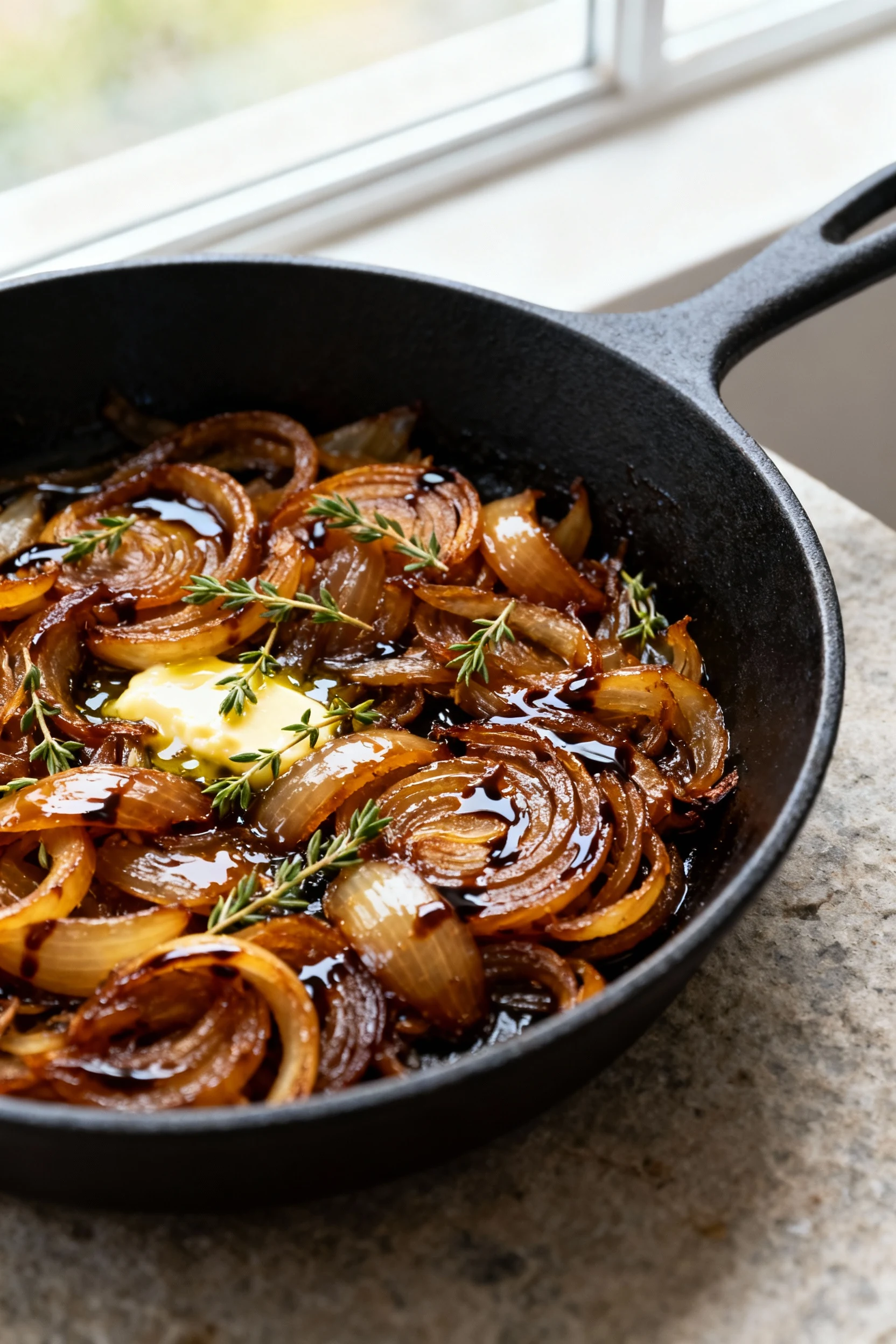 Food photography, Close-up of jammy caramelized onions finishing in a skillet: deep golden-brown, glossy with butter/oli