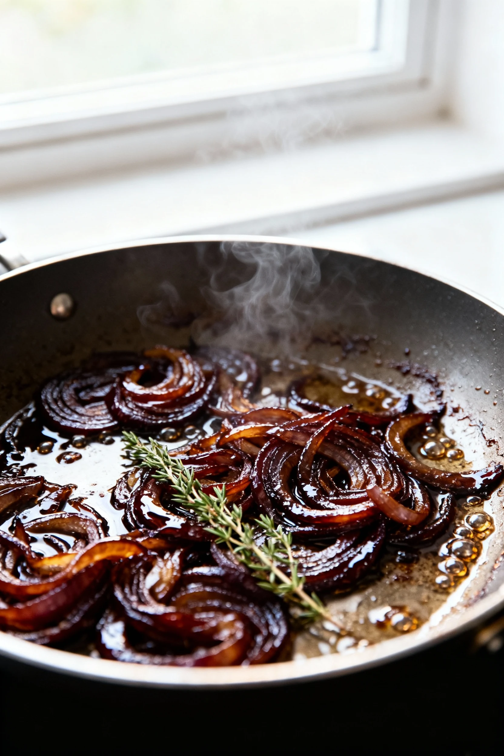Food photography, Close-up detail: jammy, caramelized sweet onions reducing in a wide stainless skillet after deglazing,