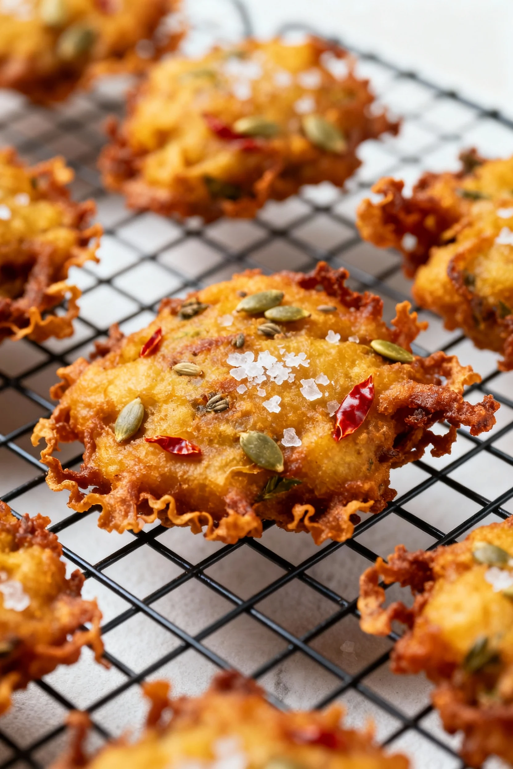 Food photography, Close-up of onion bhaji fritters resting on a wire rack, deep golden-brown with crisp frilly edges, vi