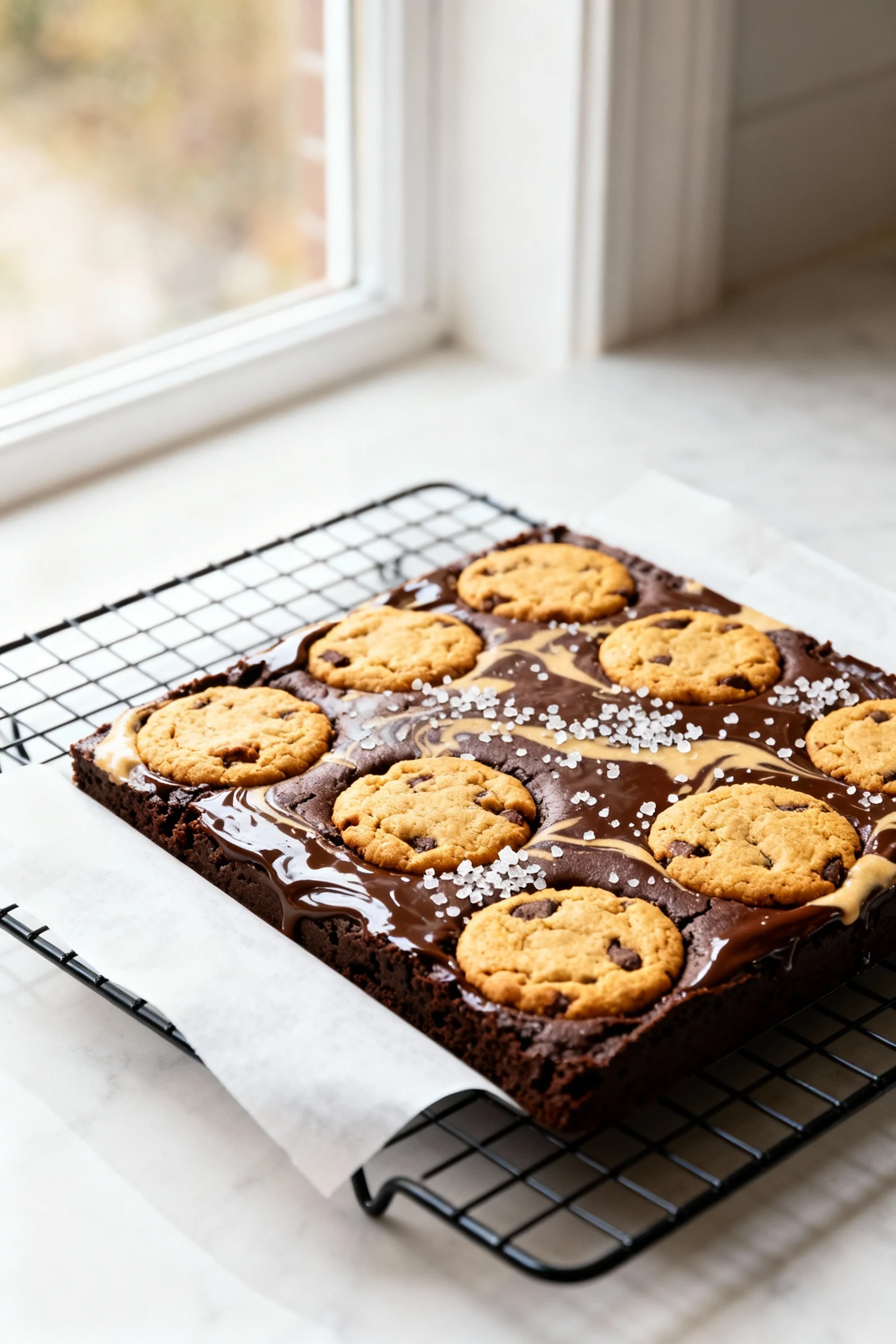 Food photography, Overhead shot of a freshly baked 9x9 pan of brookies on a wire cooling rack, parchment overhang visibl