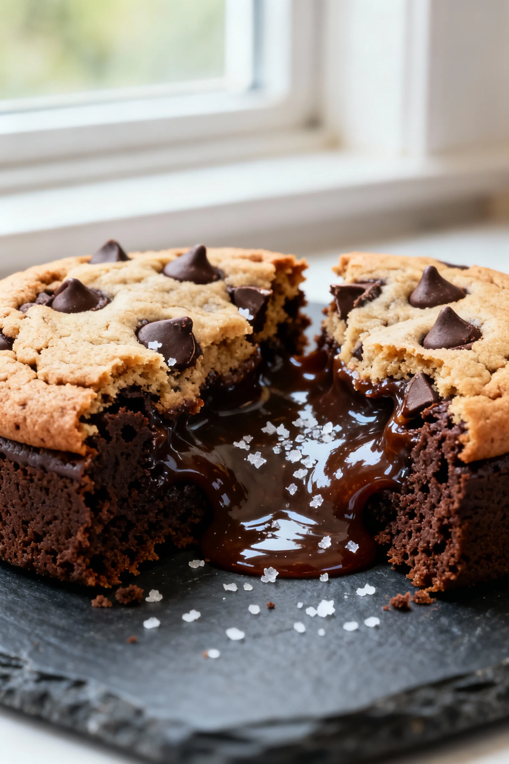 Food photography, Extreme close-up of a warm air fryer brookie broken open, showing fudgy brownie bottom and chewy cooki