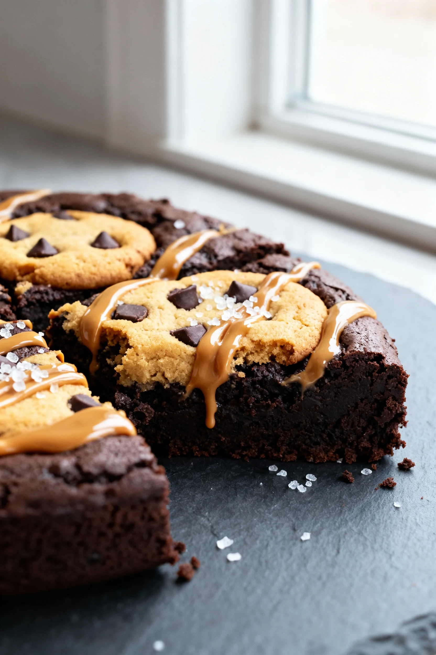Food photography, Close-up of a sliced peanut butter swirl brookie showing fudgy dark-cocoa brownie base, chewy golden c