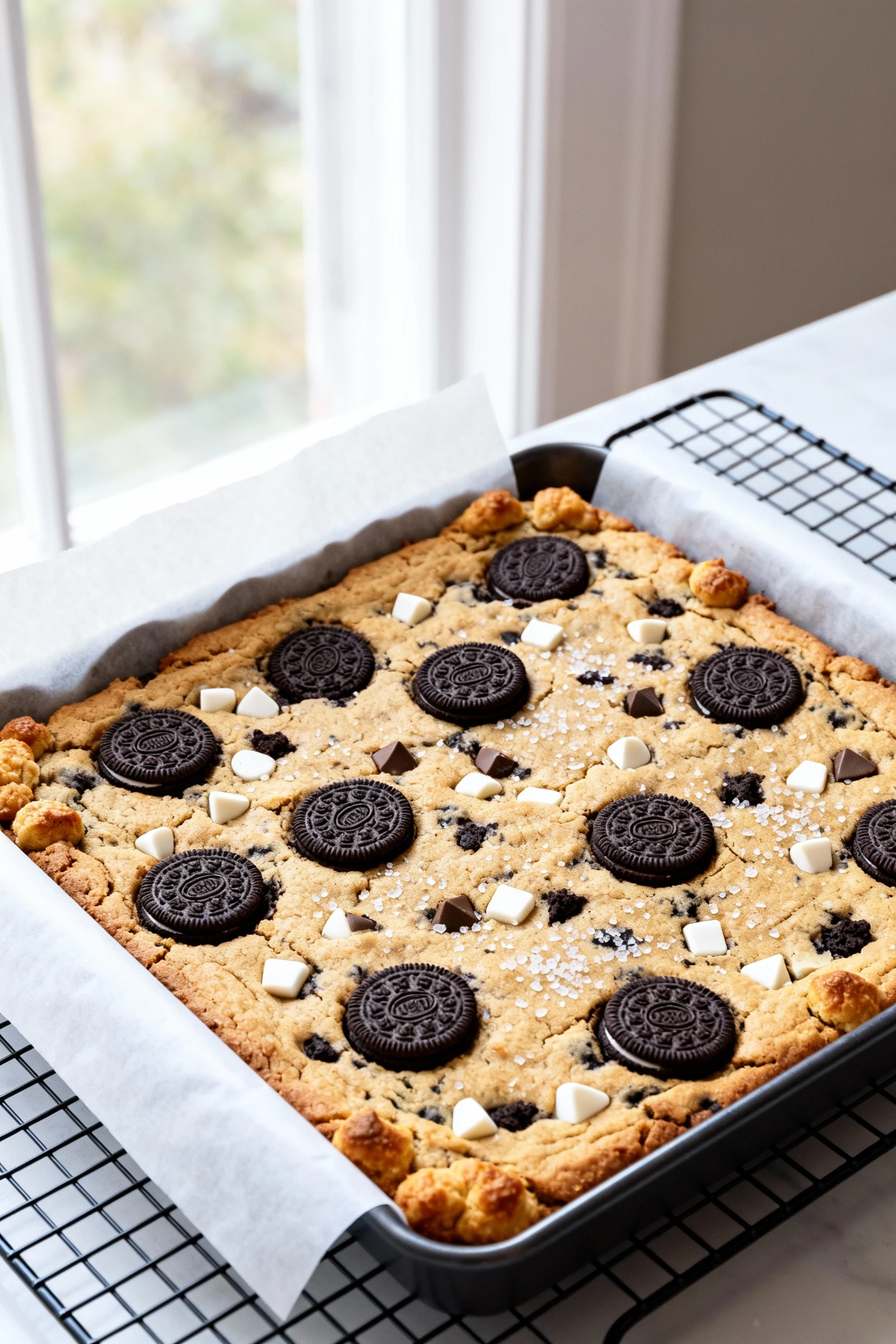 Food photography, Overhead shot of a fully baked Oreo brookies slab in a 9-inch square pan with a parchment sling on a c