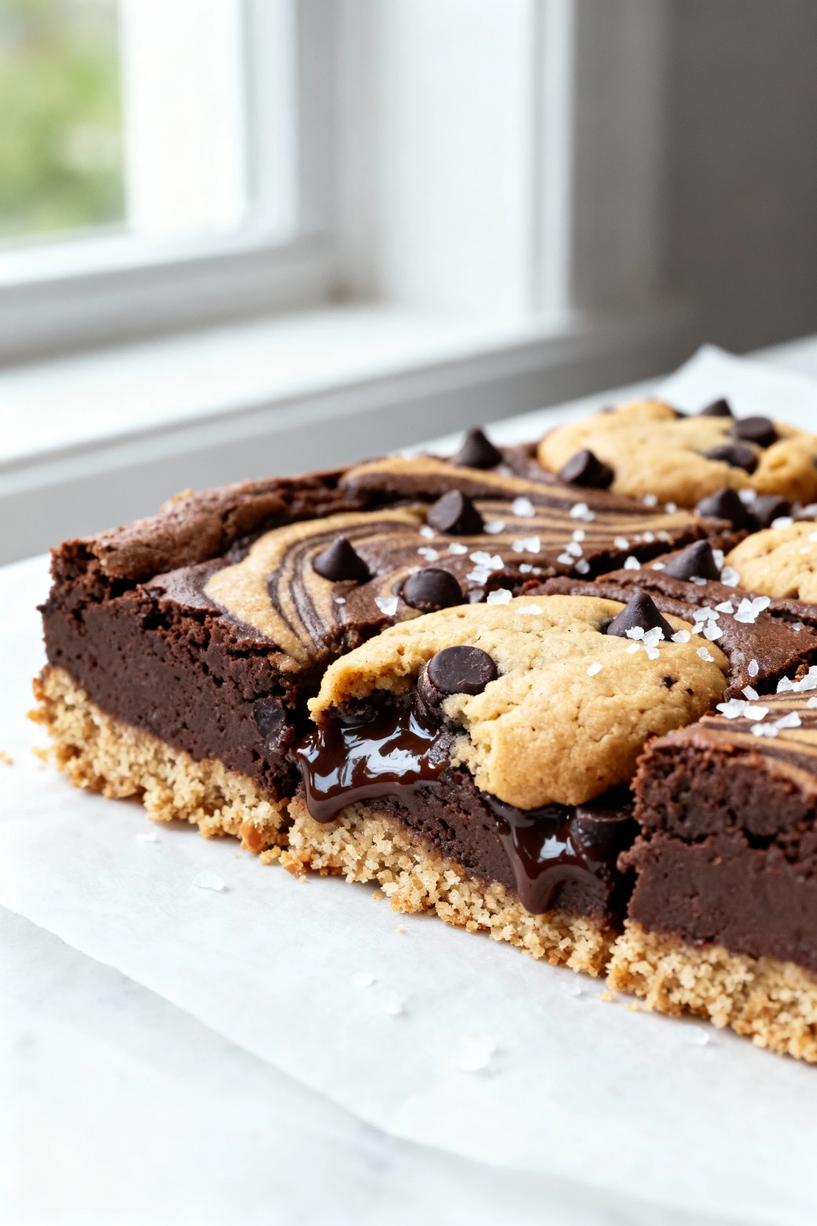 Food photography, 1. Close-up macro of a sliced gluten-free brookie bar showing chewy almond flour crumb, glossy fudgy b