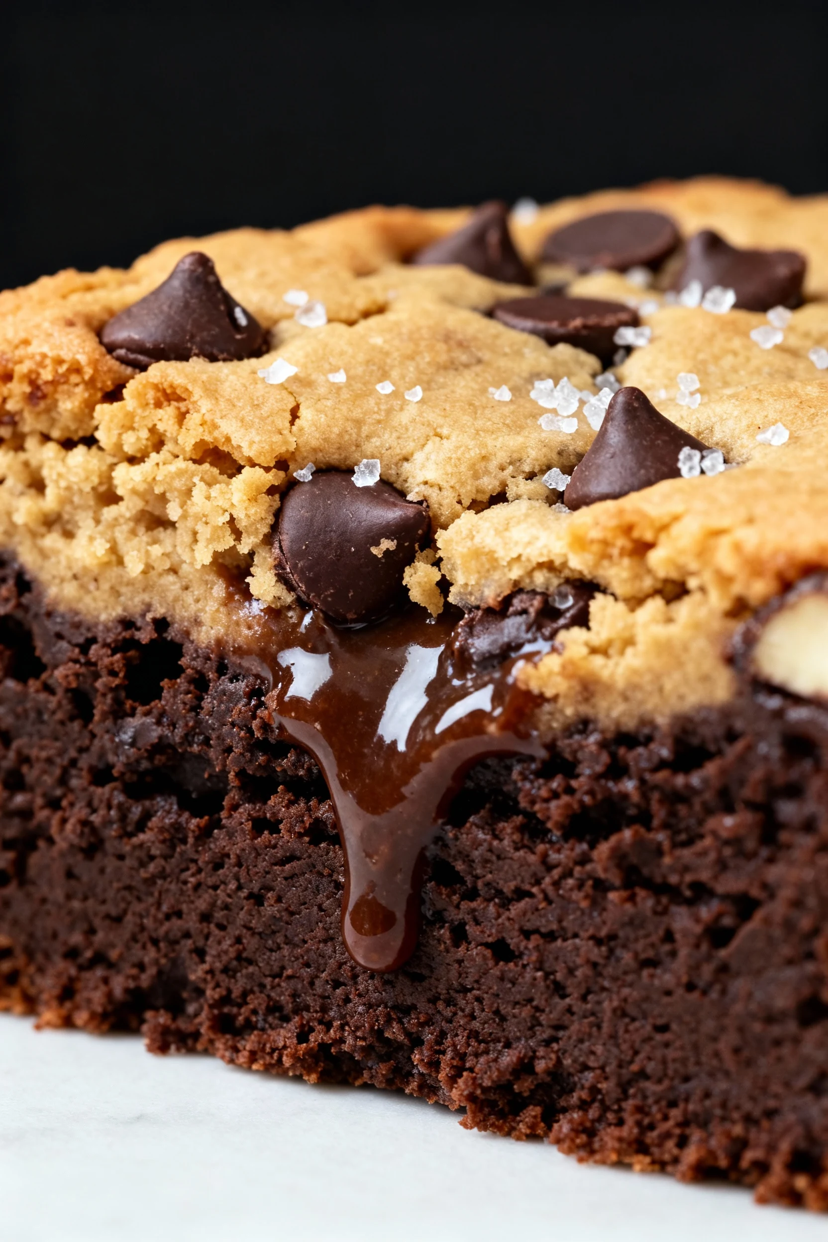 Food photography, Close-up of a vegan brookie cross-section showing the molten seam where a fudgy, cocoa-dark brownie ba