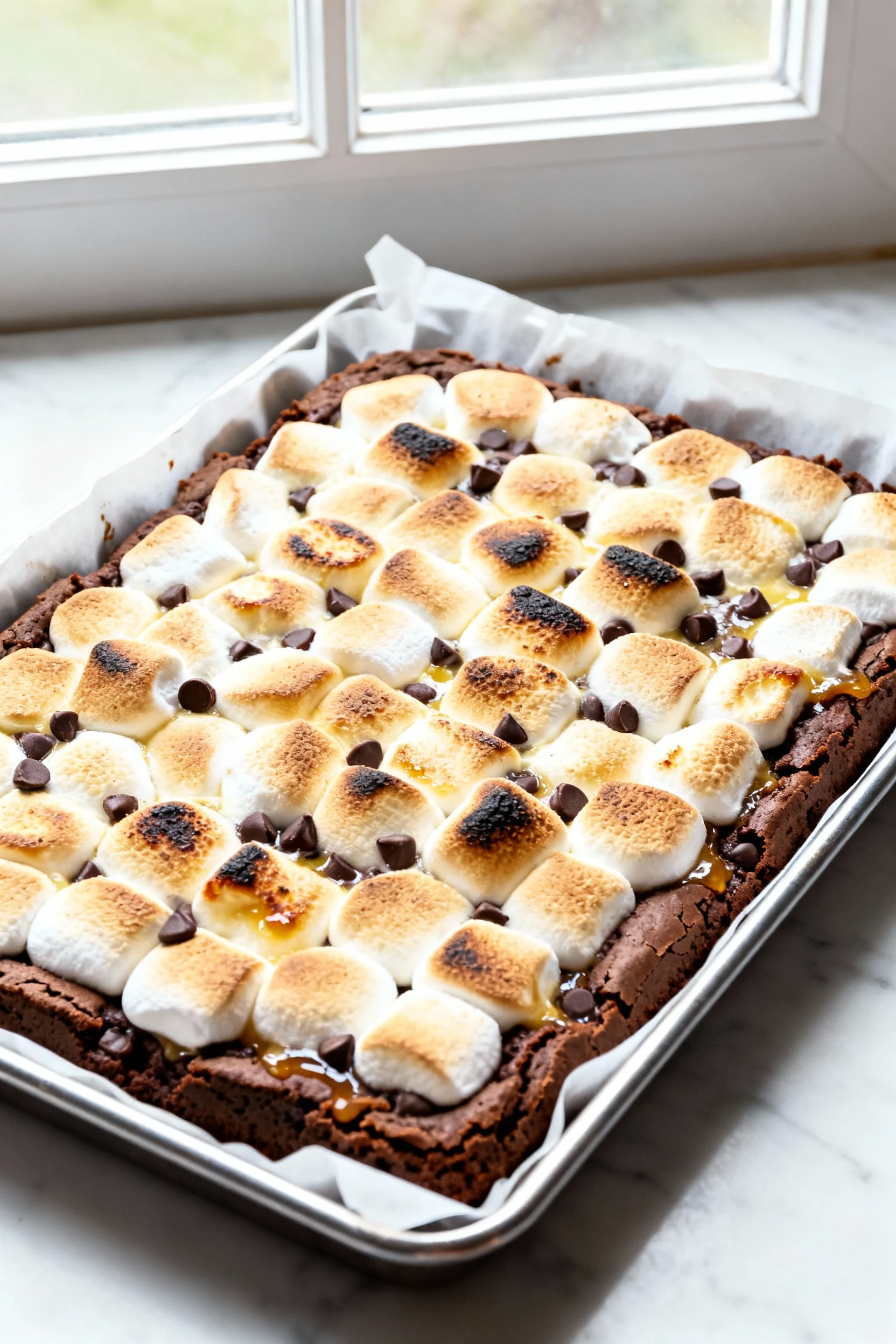 Food photography, Overhead shot of freshly baked S’mores Brookies in a parchment-lined 9x13 metal pan: puffed, golden-to