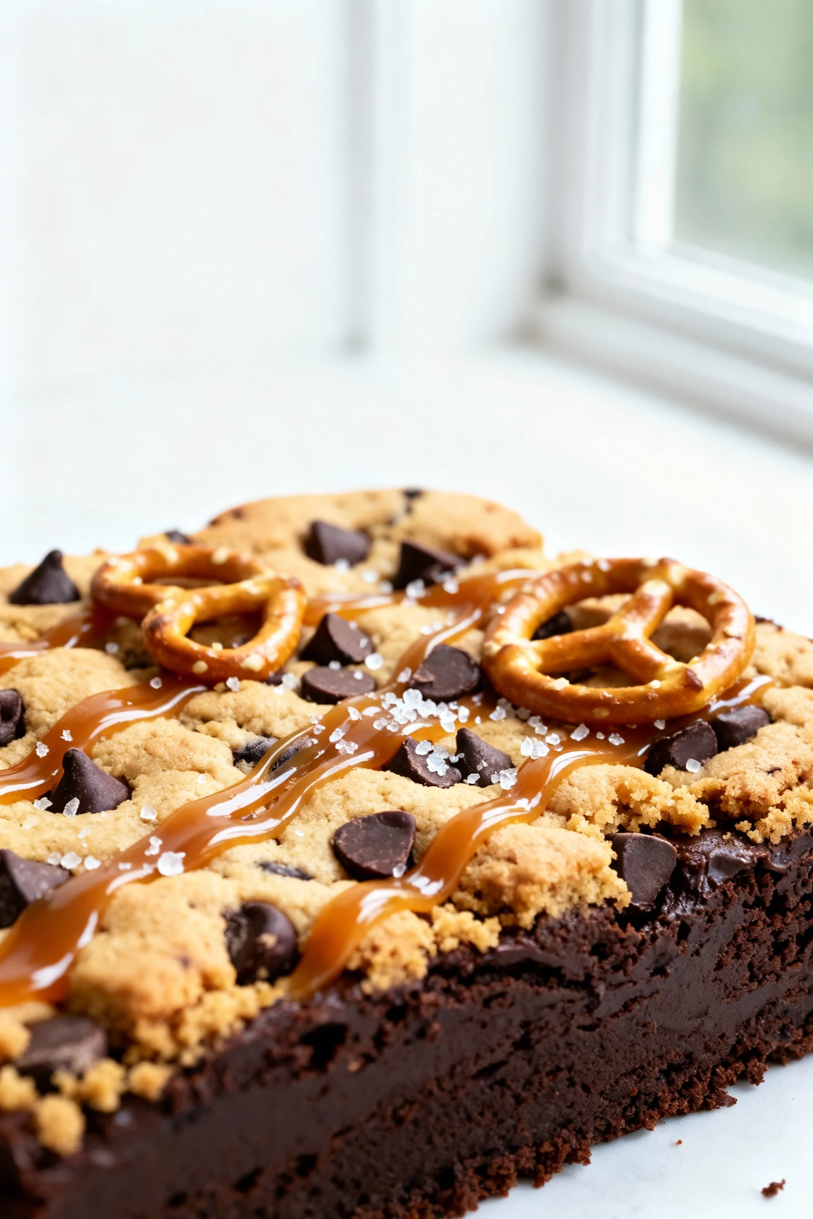 Food photography, Macro close-up of a salted caramel pretzel brookie slice: deep chocolate brownie base, golden cookie c
