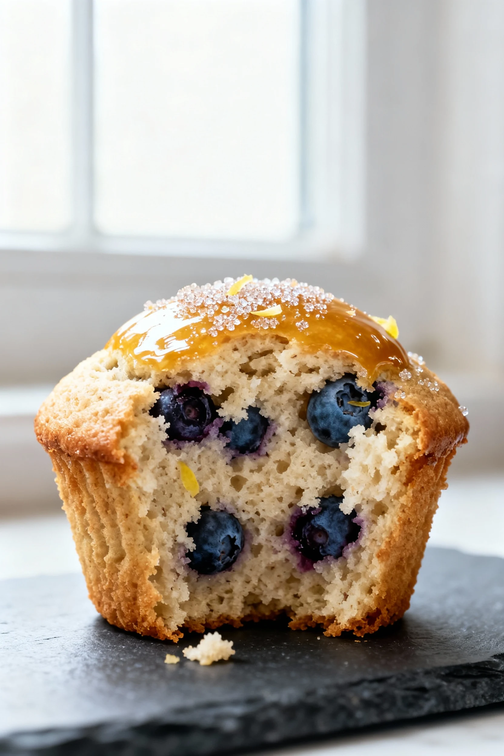 Food photography, Close-up of a bakery-style coconut flour blueberry muffin torn open, showcasing moist tender crumb wit
