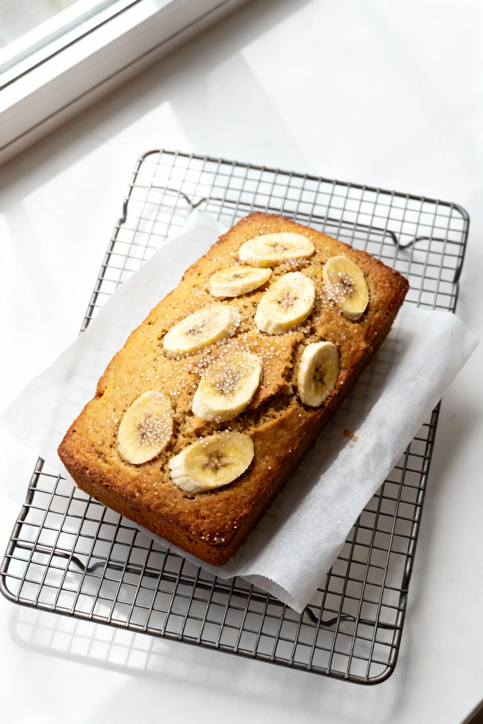 Food photography, Overhead shot of freshly baked Coconut Flour Banana Bread cooling on a wire rack, parchment sling visi