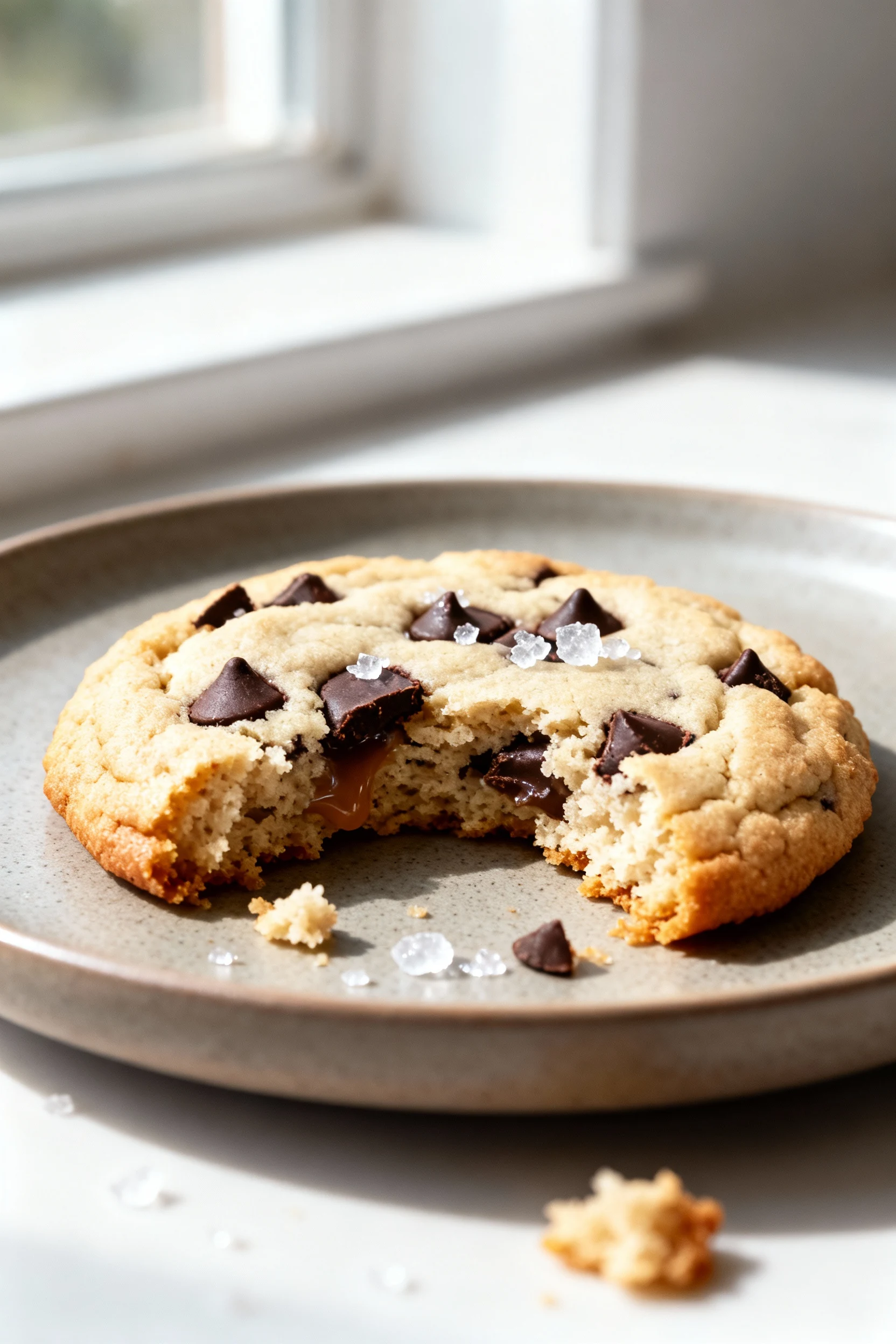 Food photography, Macro close-up of a soft-baked coconut flour chocolate chip cookie torn open on a matte ceramic plate,