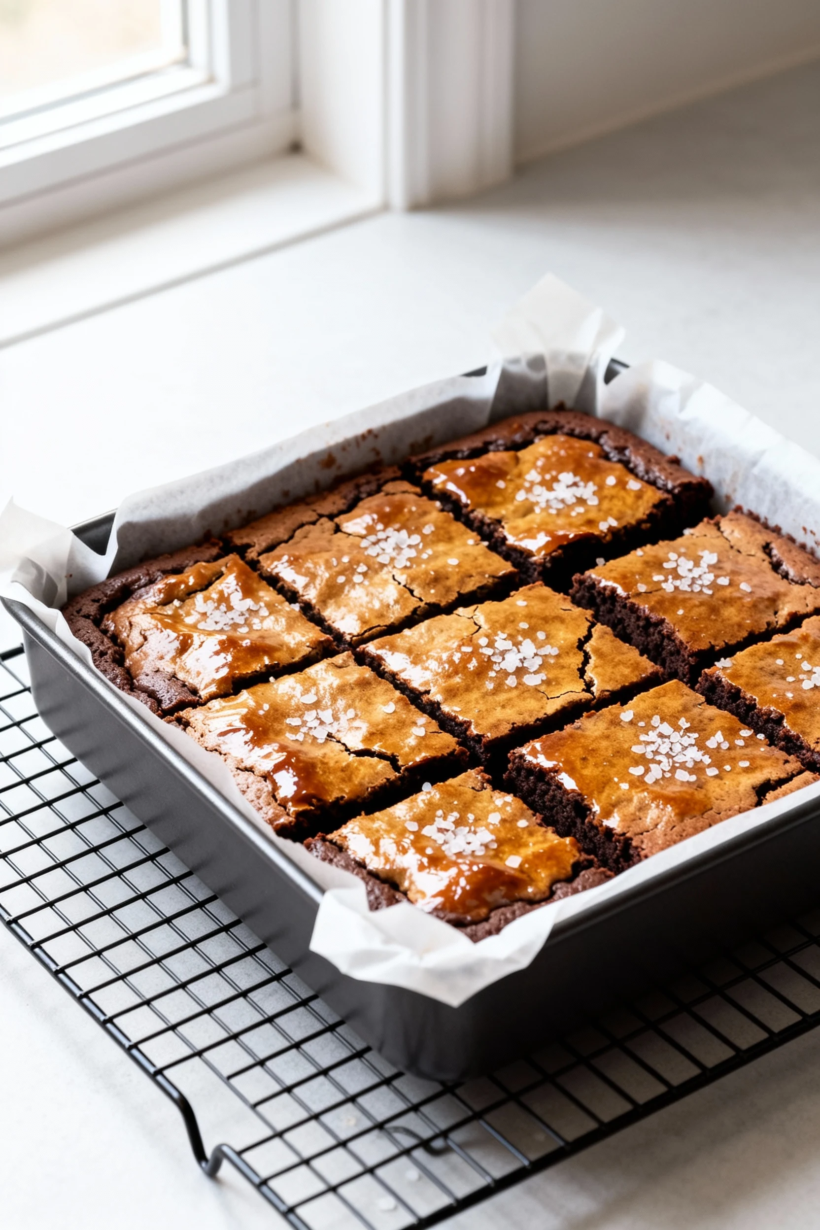 Food photography, Overhead shot of freshly baked coconut flour brownies in an 8-inch parchment-lined square pan on a coo