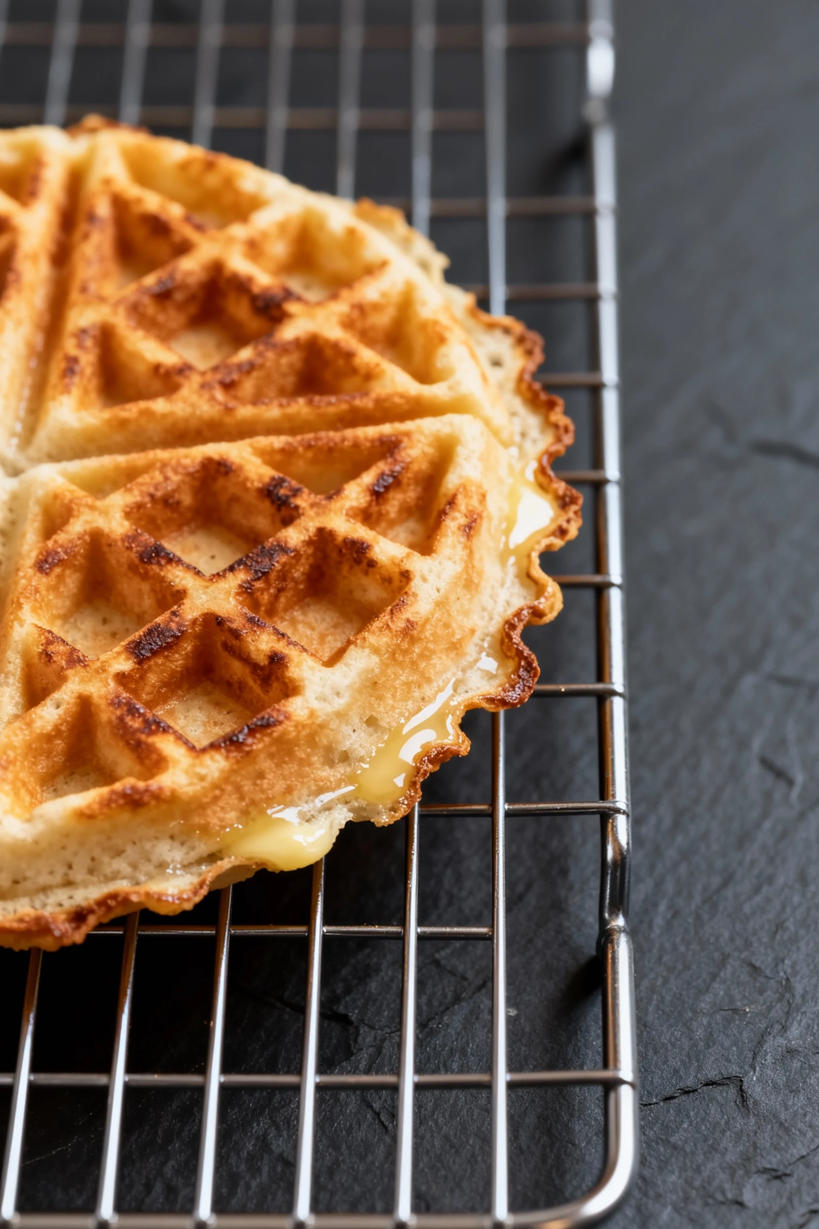 Food photography, Macro close-up of a freshly cooked coconut flour waffle cooling on a wire rack, deep golden Maillard g