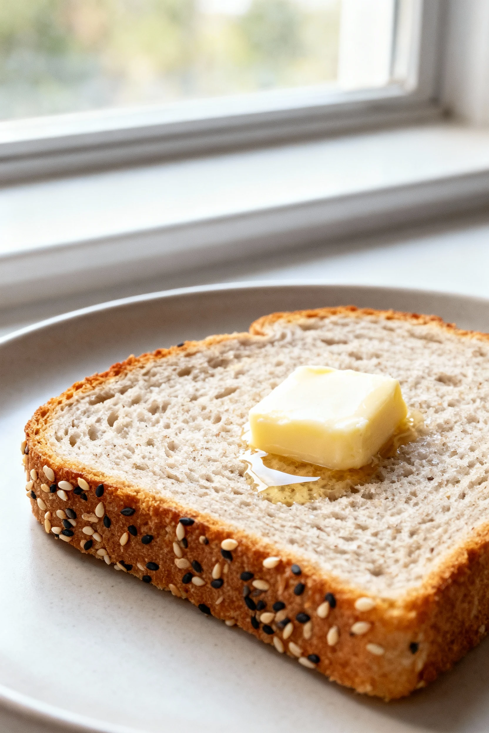 Food photography, Close-up of a toasted slice of coconut flour sandwich bread with crisp, golden edges and a fine, even 