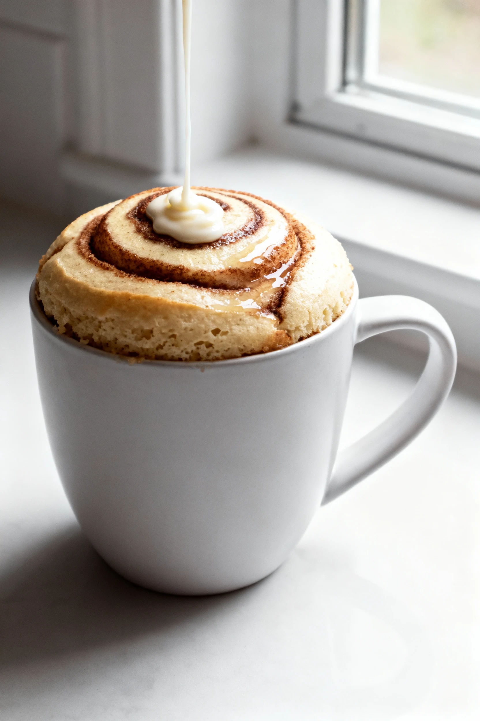 Food photography, Freshly microwaved Cinnamon Roll Swirl coconut flour mug cake in a wide 12–14 oz mug, domed top with v