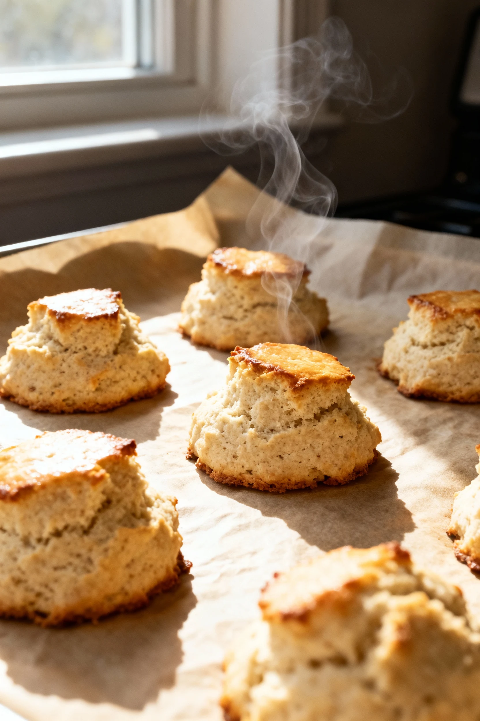 Food photography, Freshly baked paleo coconut flour biscuits on a parchment-lined sheet, just out of a fully preheated 4