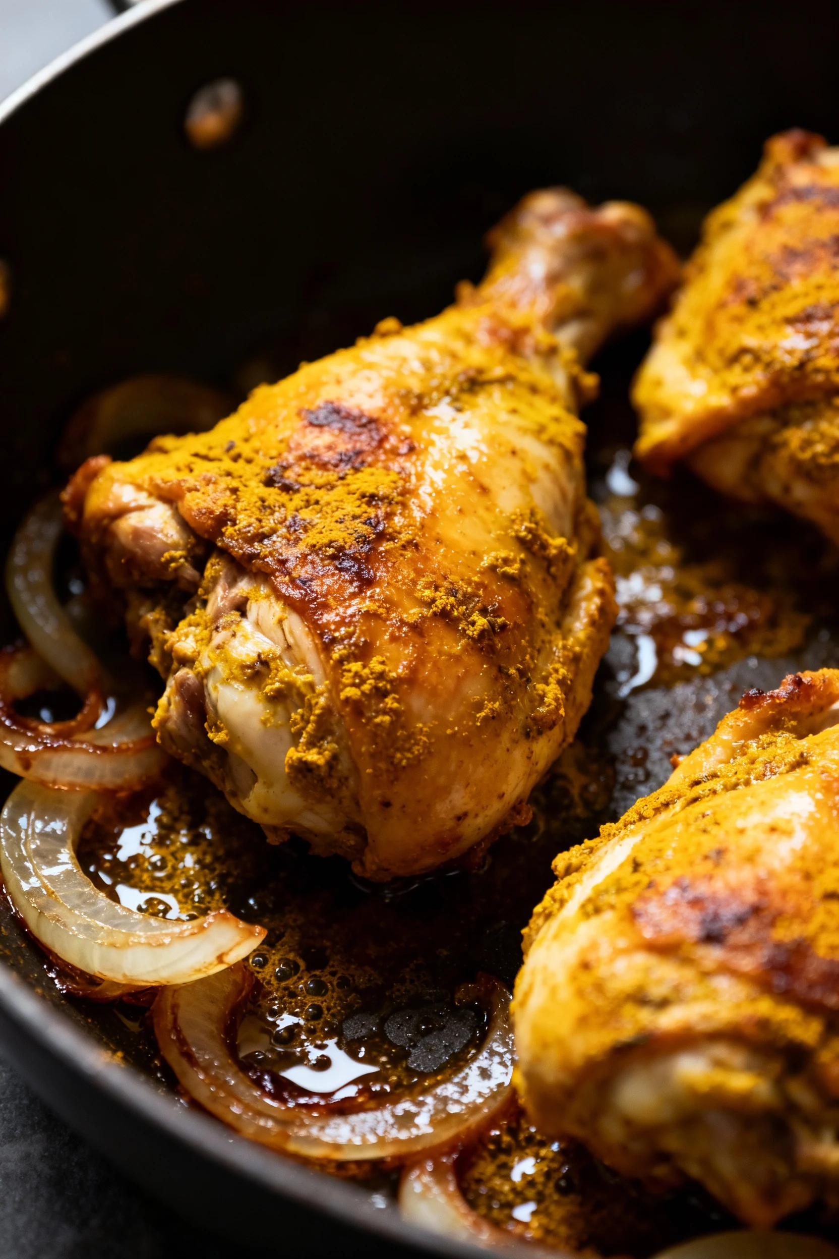 High-heat sear in action: marinated chicken thigh pieces browning in a skillet, turmeric–garam masala crust turning deep