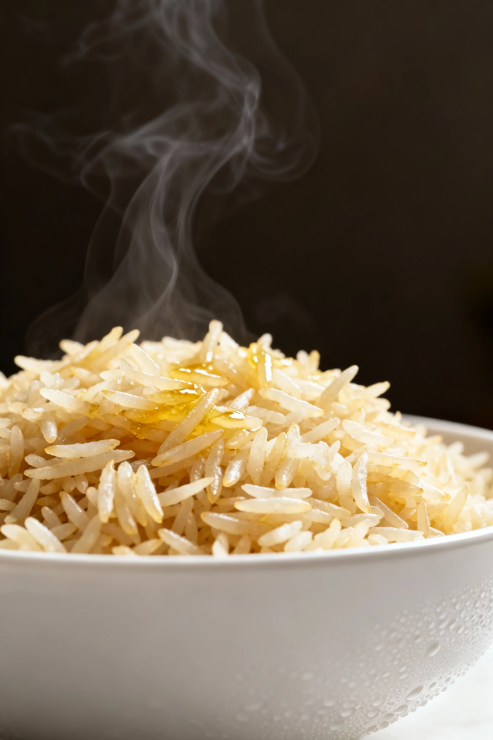 Close-up of perfectly fluffy aged basmati rice, long separate grains with a light ghee sheen and wisps of steam, shallow