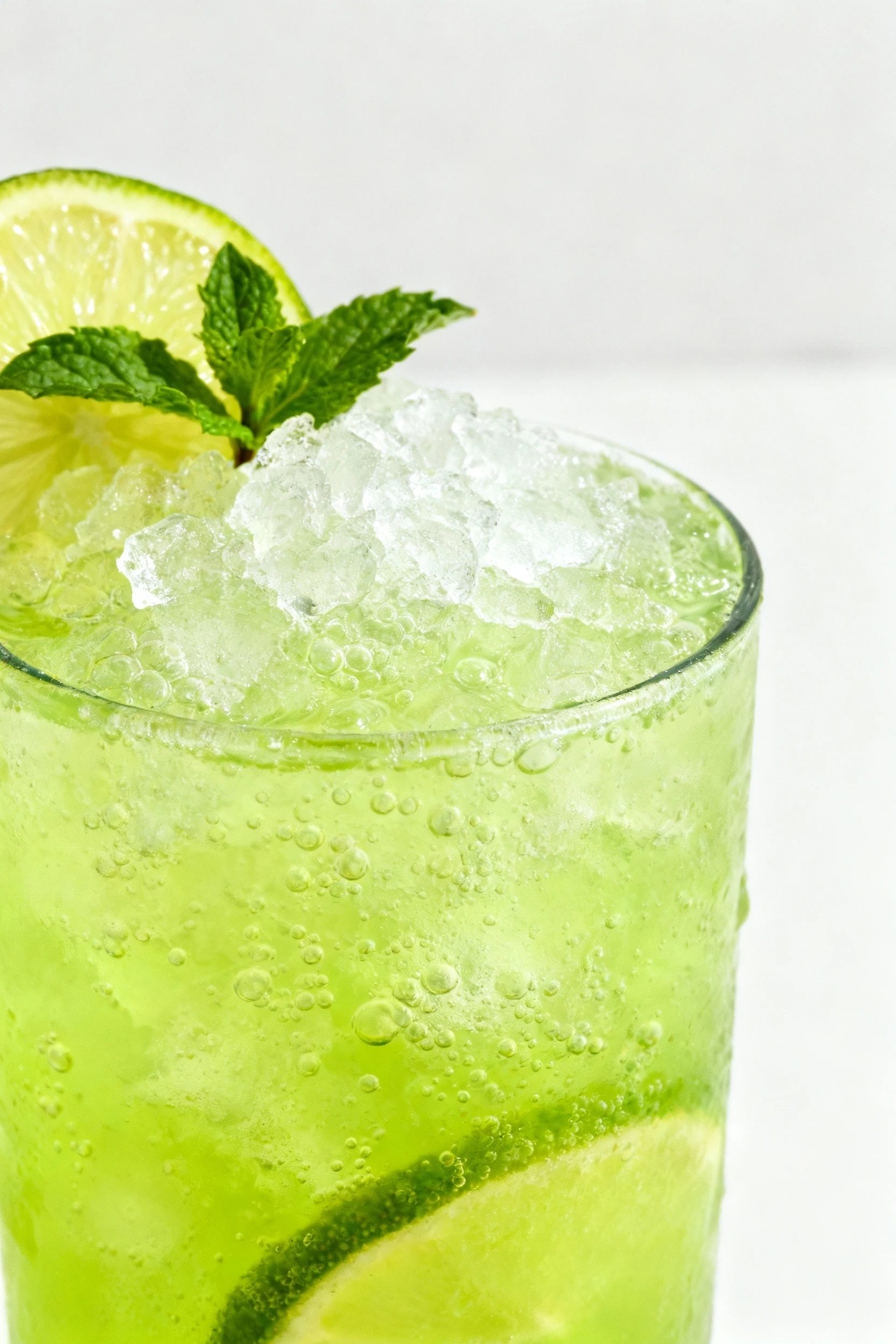 Close-up Citrus-Mint Cooler in frosty highball: bright lime-green, crushed ice, tight bubbles, mint sprig and lime wheel