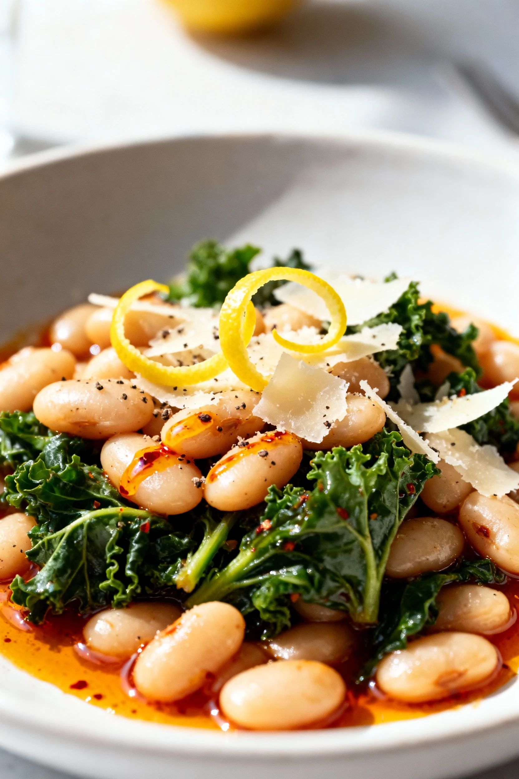 Close-up of braised white beans with wilted kale, lemon zest curls, and a drizzle of chili oil, glossy sauce catching li