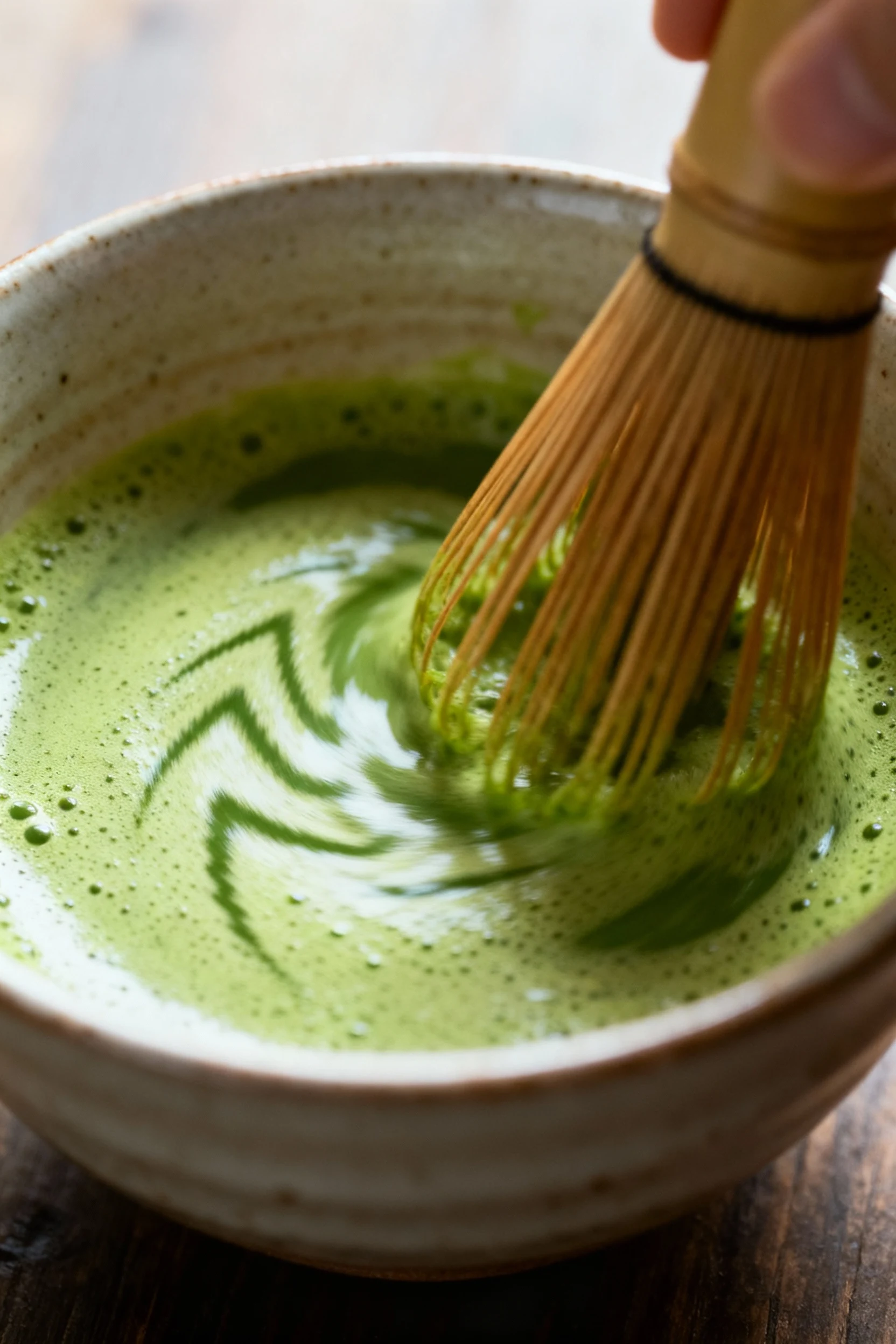 1. Close-up of frothy matcha concentrate being whisked in a ceramic bowl, emerald microfoam with zigzag whisk ripples, s
