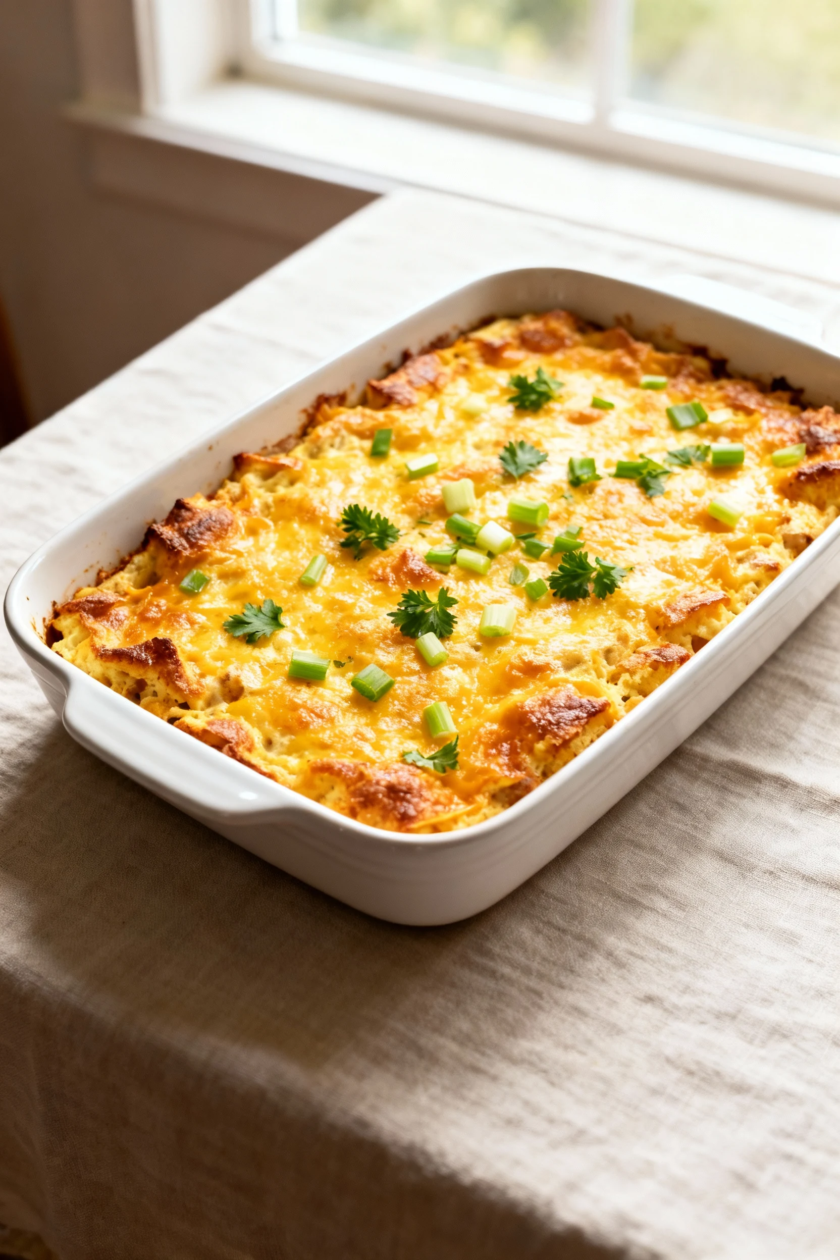 Overhead of a 9x13 breakfast casserole just baked—golden, bubbly cheddar with crisp edges, sprinkled with green onions a